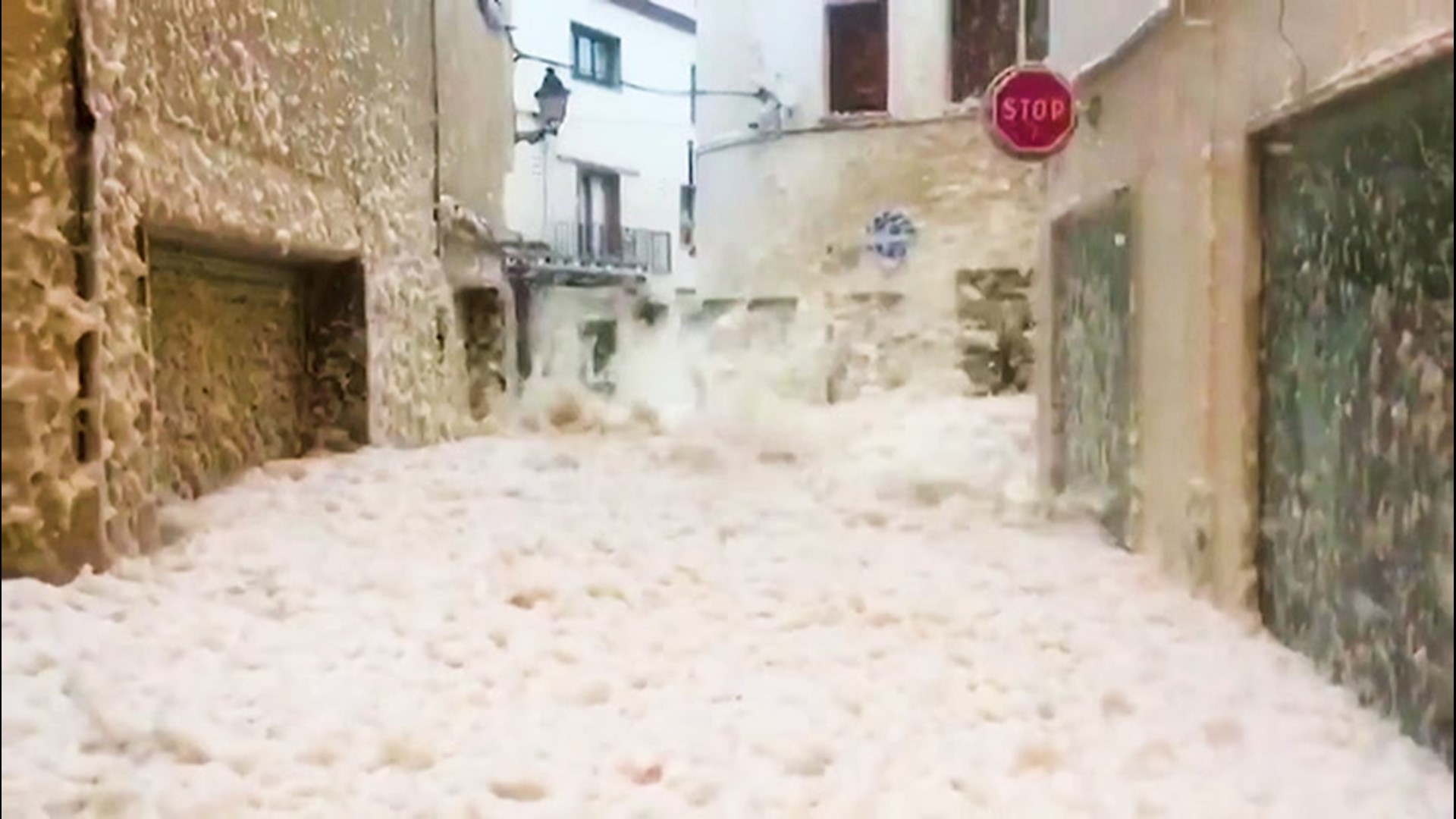 The streets of  Tossa de Mar, Catalonia, were buried under feet of foamy water, as Storm Gloria hit the region on Jan. 20.