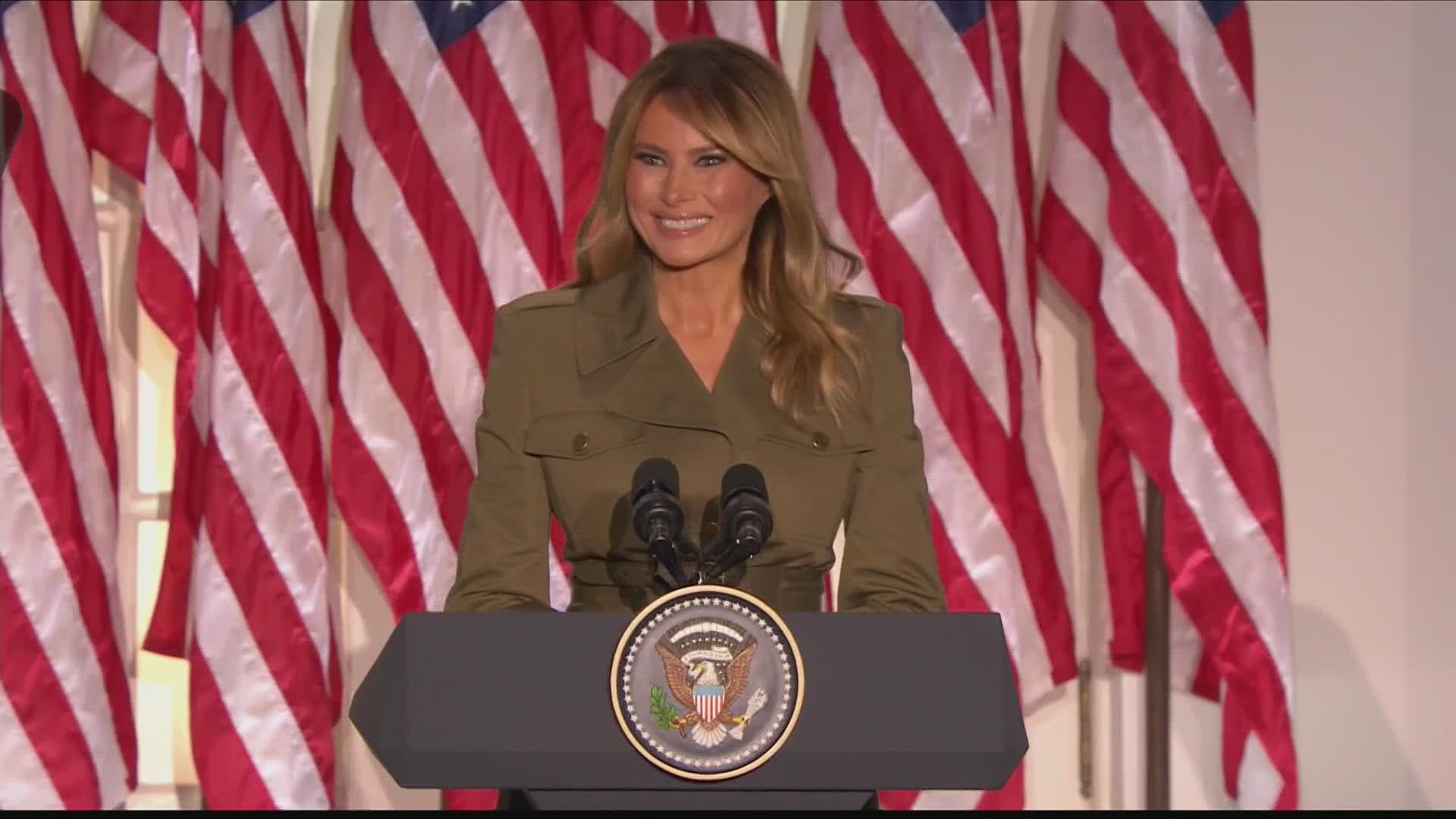 First Lady Melania Trump speaks at the Republican National Convention from the White House Rose Garden.