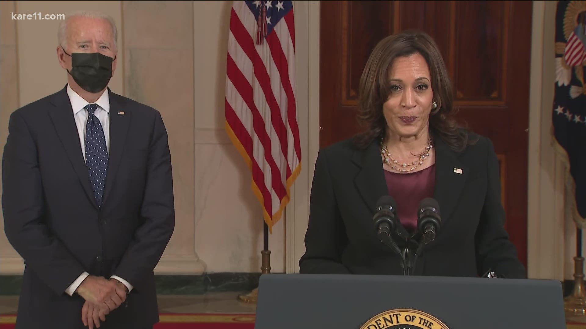 Vice President Kamala Harris reacts after former police officer Derek Chauvin was found guilty of murdering George Floyd.