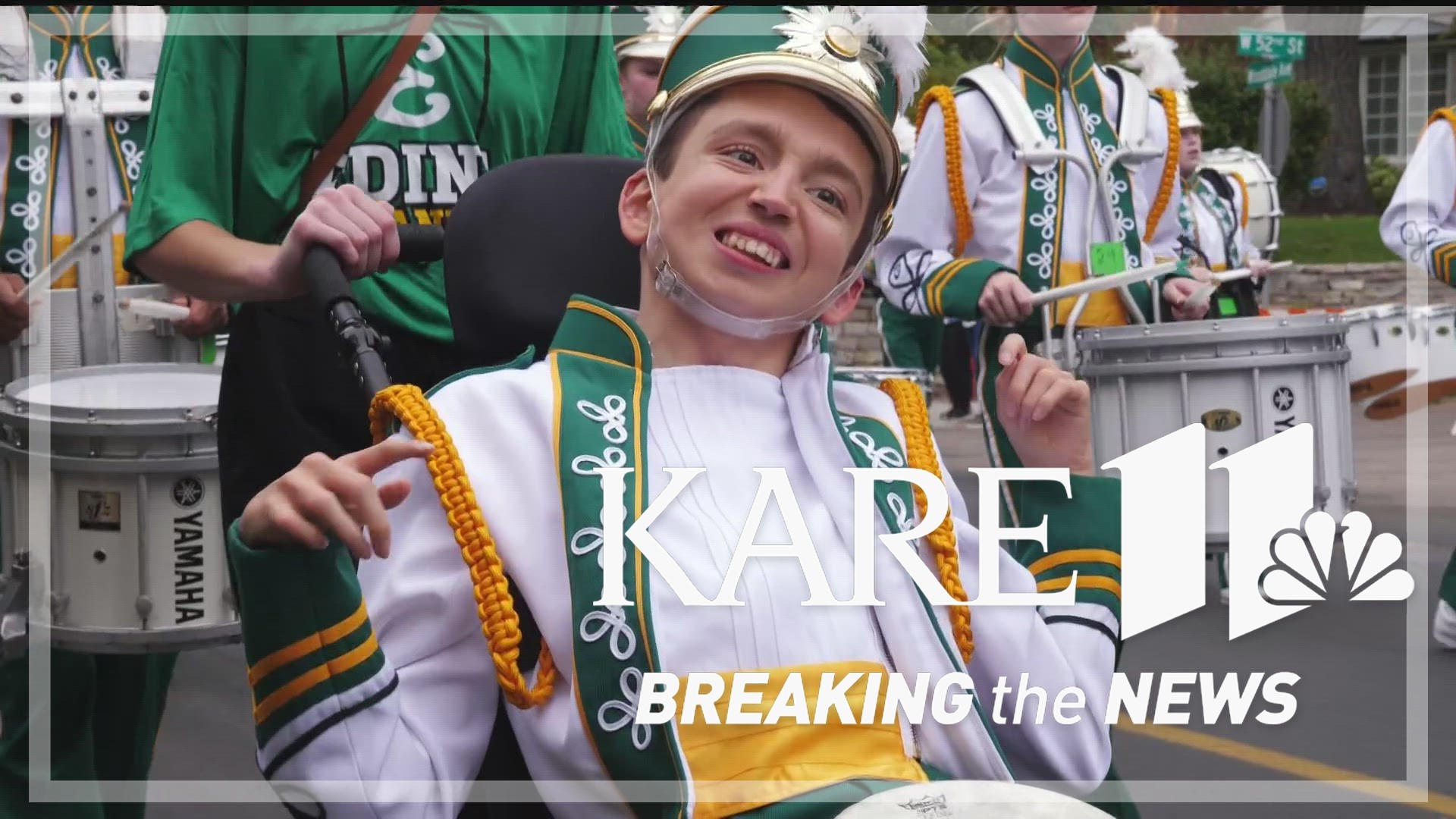 Oskar Kelly lives with a rare condition that makes him non-verbal and unable to walk, but his love of marching band is clear to all.