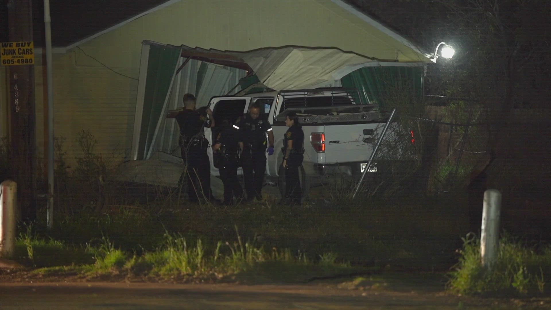 Officers said the driver was driving at a high rate of speed when he lost control and drove through a shallow dry creek, then through a shed and hit a home.