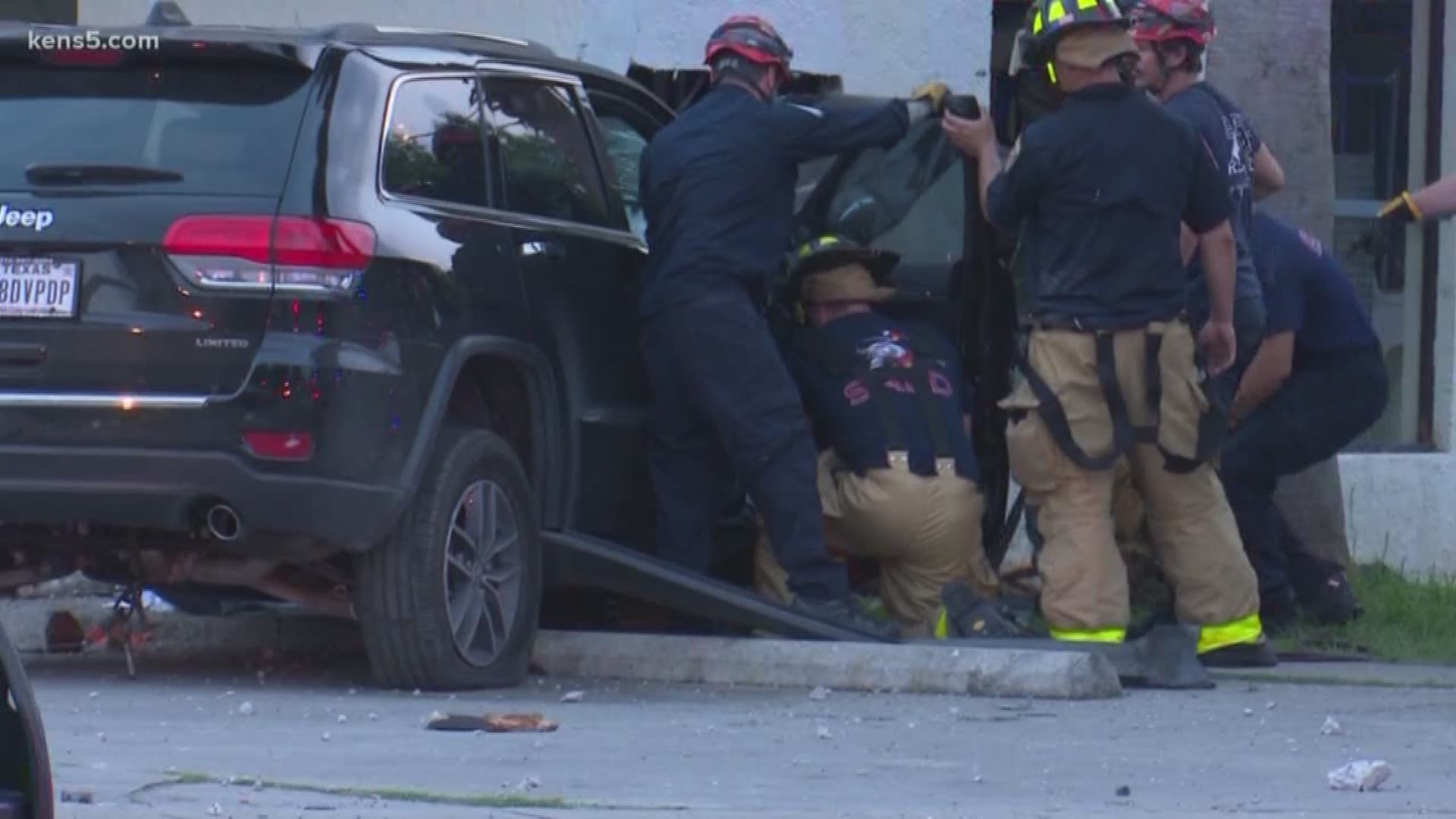 A Jeep slammed into a laundromat on the southeast side Tuesday evening. Witnesses say the driver jumped a curb, took out a bus bench, and then crashed into the E-Z Wash. That's at the corner of Roland and Pecan Valley.