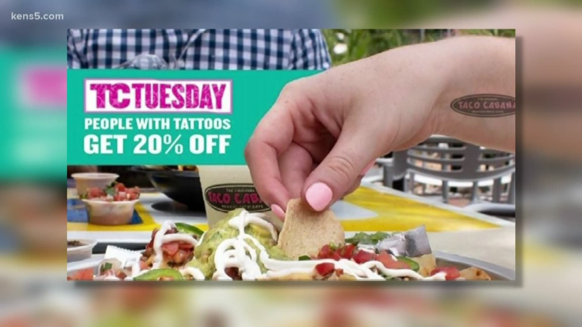 If you have a tattoo, you can get 20 percent off your order at Taco Cabana on Tuesday. It's all in celebration of National Tattoo Day.