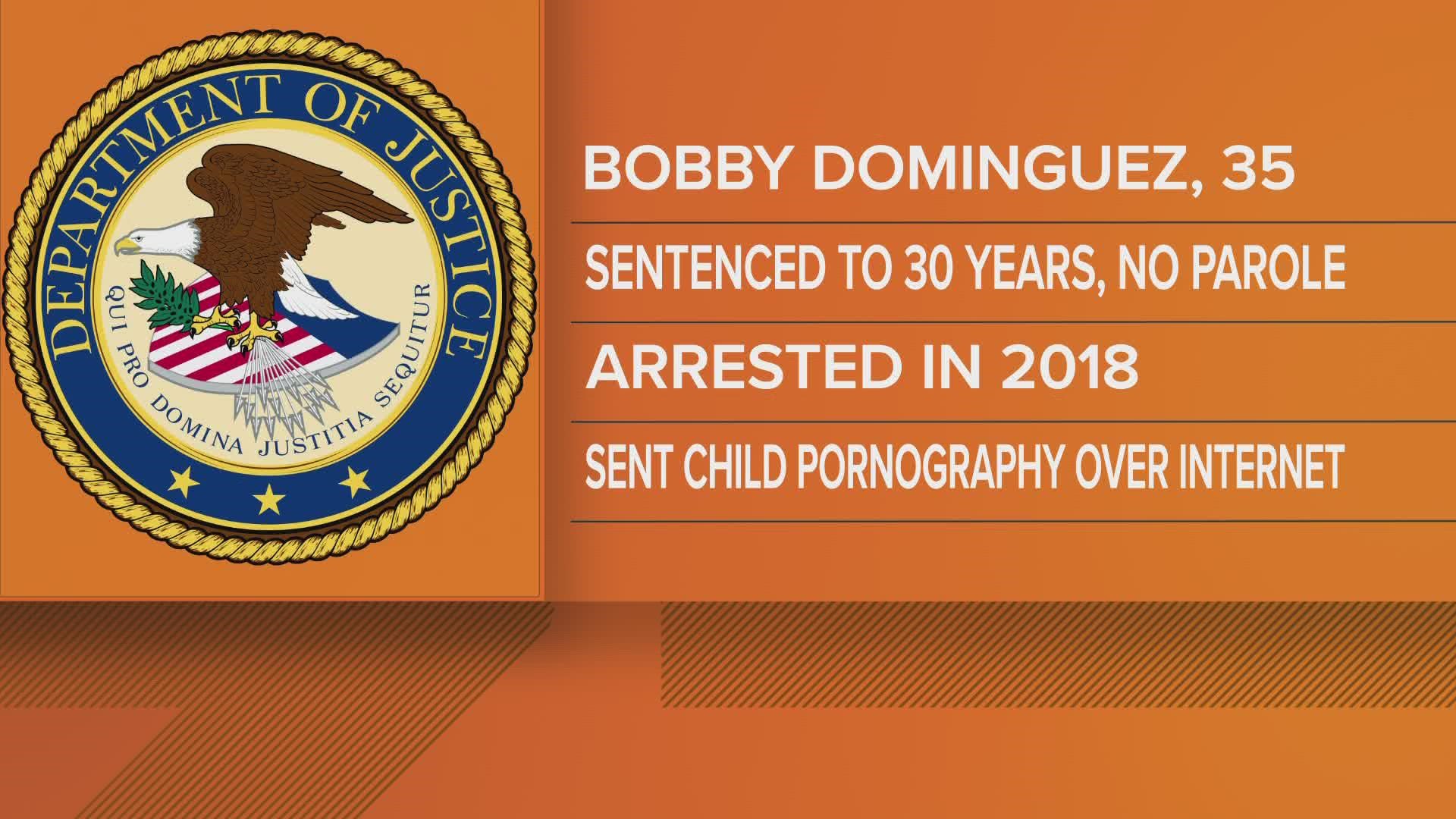 Dominguez produced images of a six-year-old child performing sexual acts and sent those images over the internet, officials say.