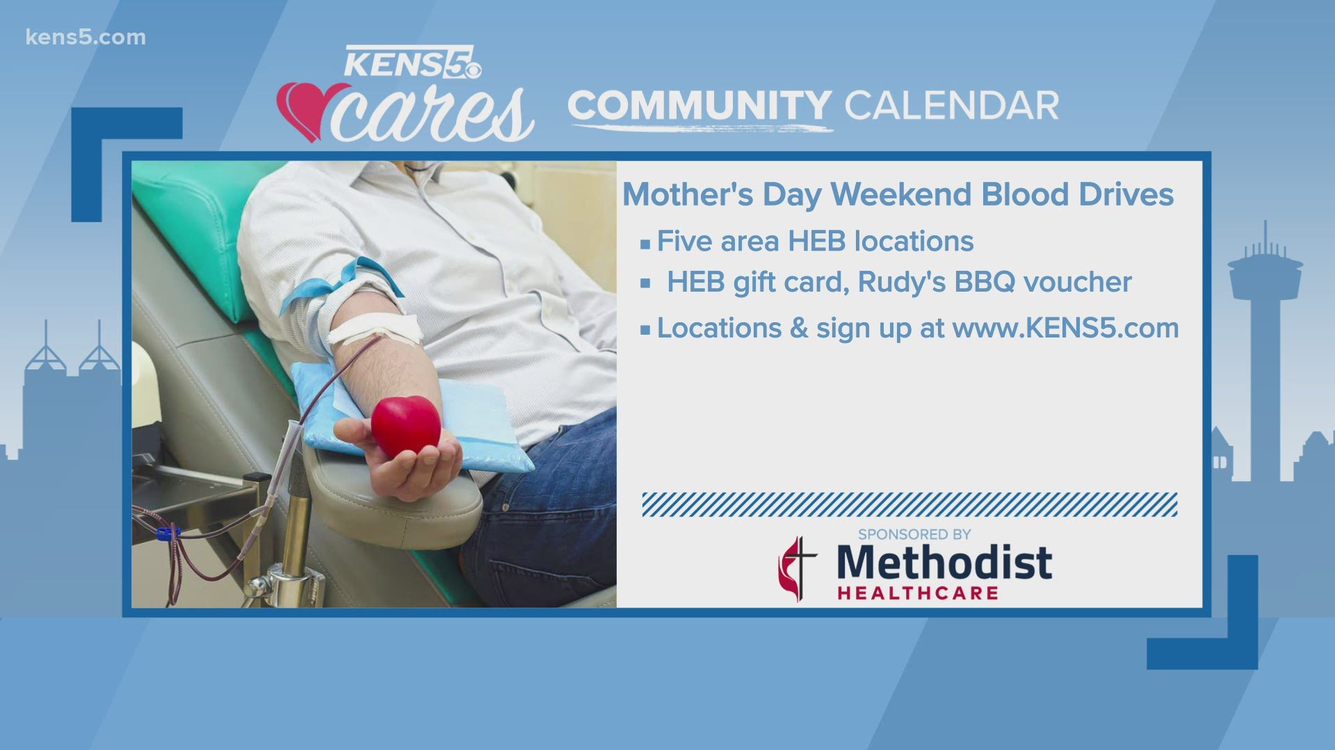South Texas Blood & Tissue Center is hosting blood drives at select H-E-B locations in San Antonio this Mother’s Day weekend.