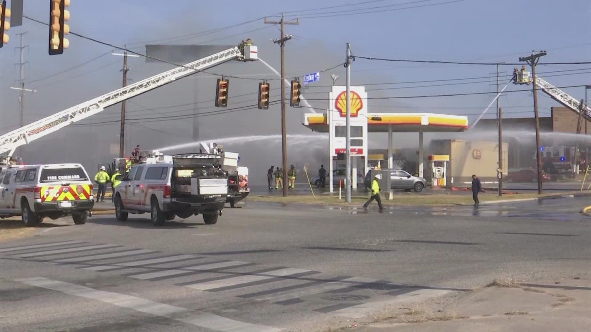 The blaze caused a roof collapse at the Shell station on Randolph Boulevard, but SAFD officials said nobody was hurt.