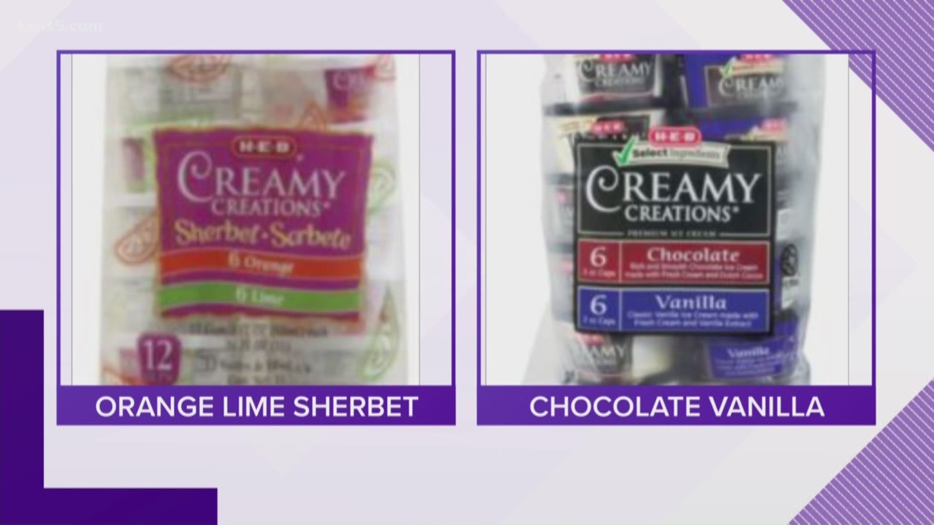 HEB issued a voluntary recall on two variety packs of Creamy Creation cups due to broken metal found in processing equipment at their production site, according to a press release sent to KENS 5.