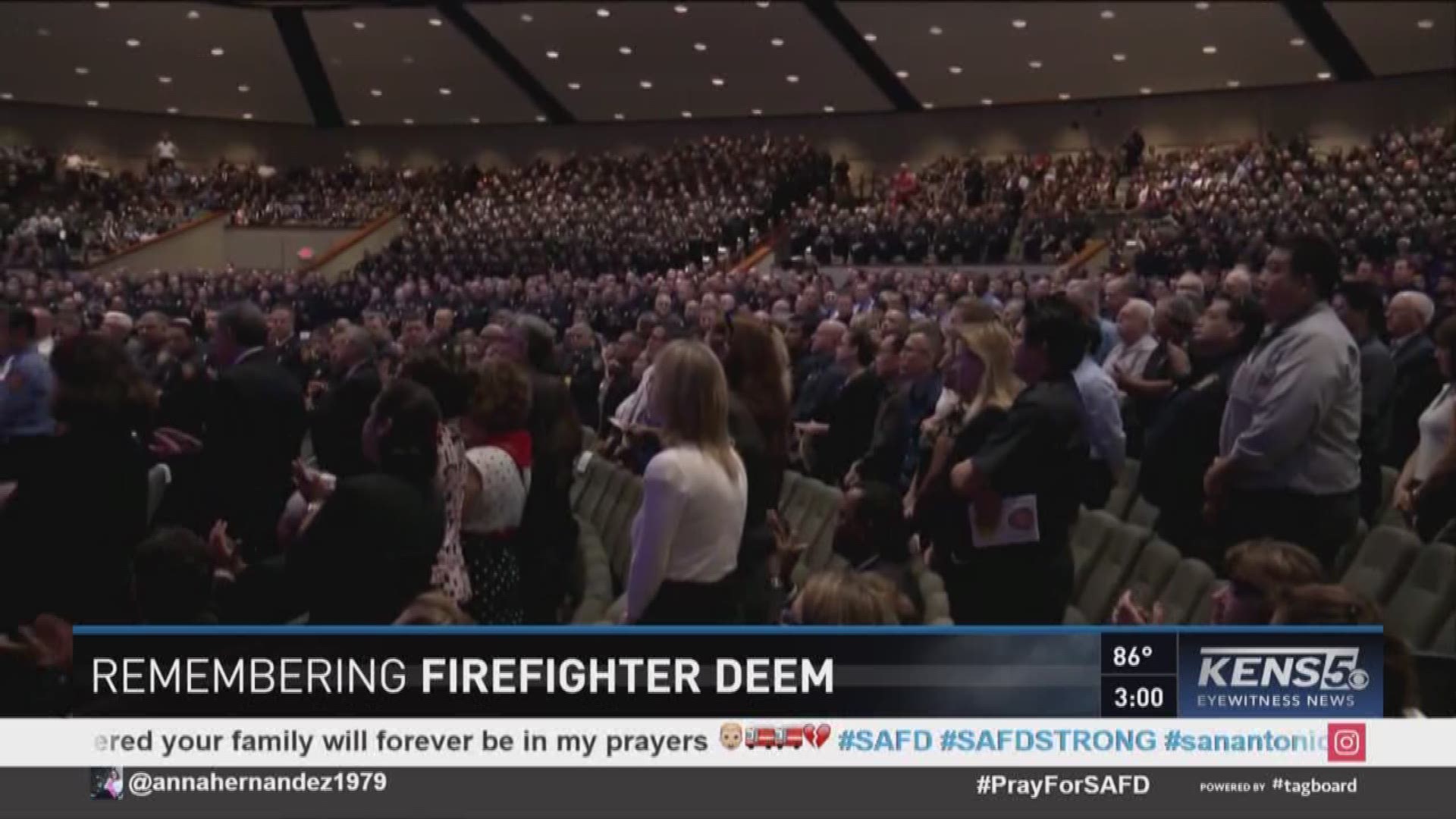 SAFD Chief Charles asked all current and retired San Antonio firefighters to stand while speaking at fallen firefighter Scott Deem's funeral to honor their commitment to the Alamo City.