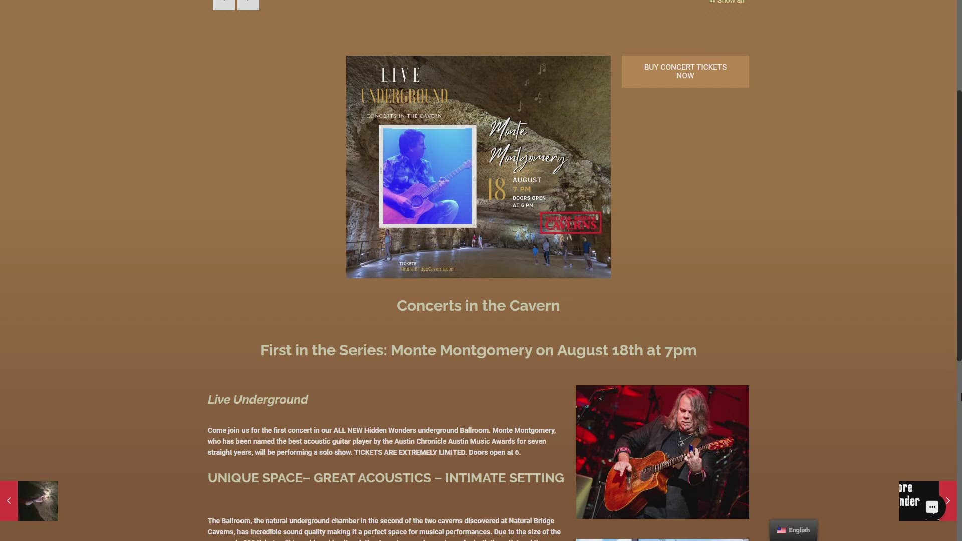 Monte Montgomery will perform in the Ballroom, a natural underground chamber in the second of the two caverns, which has has incredible sound quality.