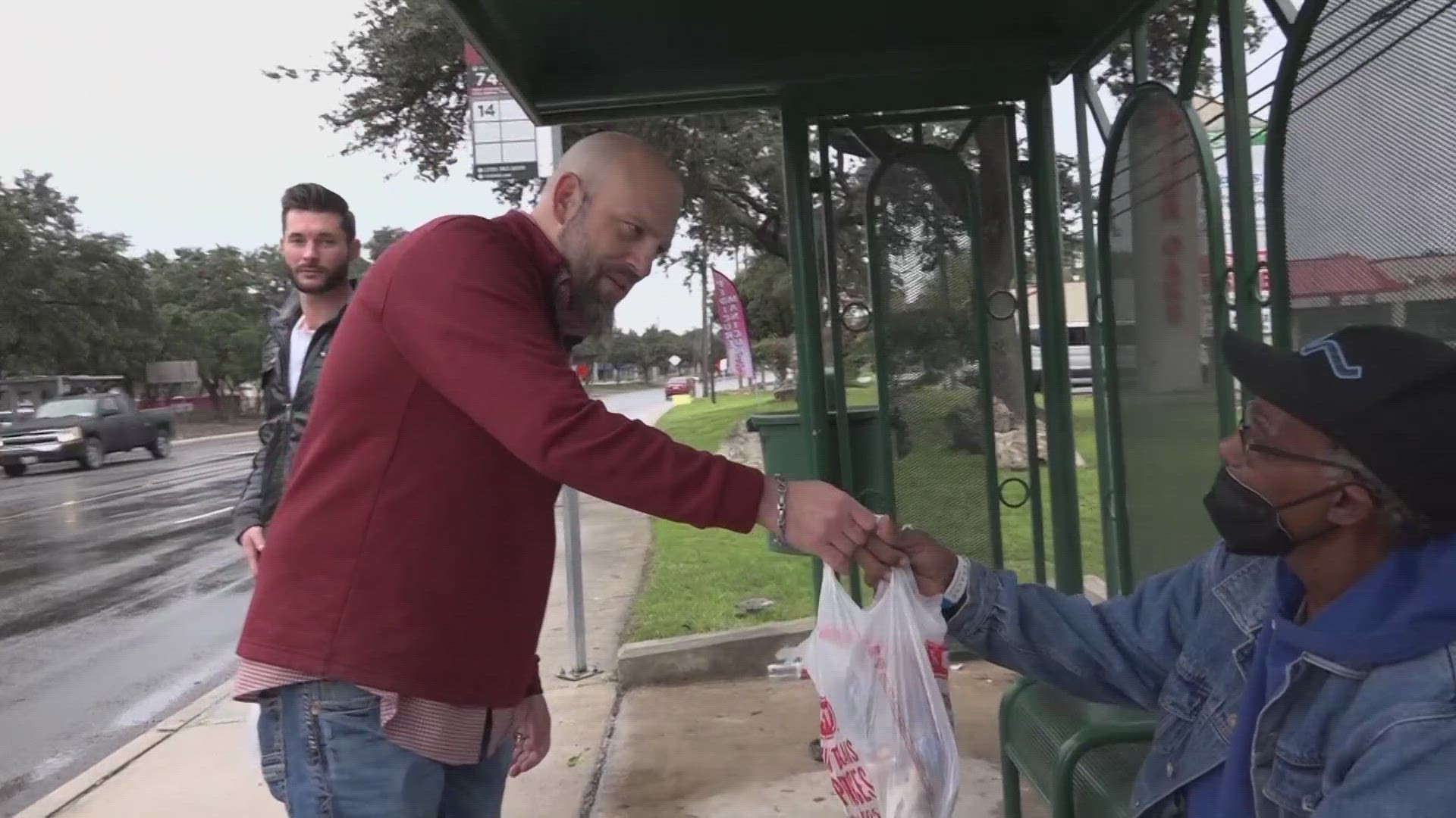 Jason Opalinski, family and friends spent several hours traveling across San Antonio's north side offering turkey sandwiches, socks, and bandages to the community.