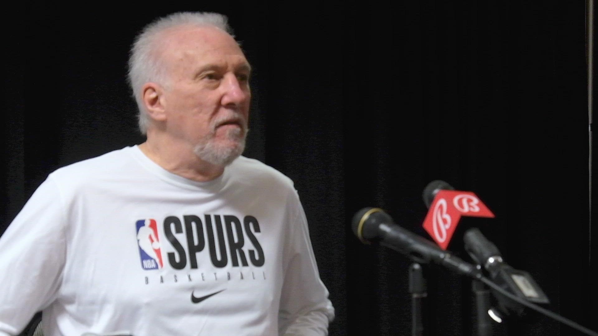 Pop said that Dejounte Murray banged his knee the previous night's win, but he shouldn't be out for long.