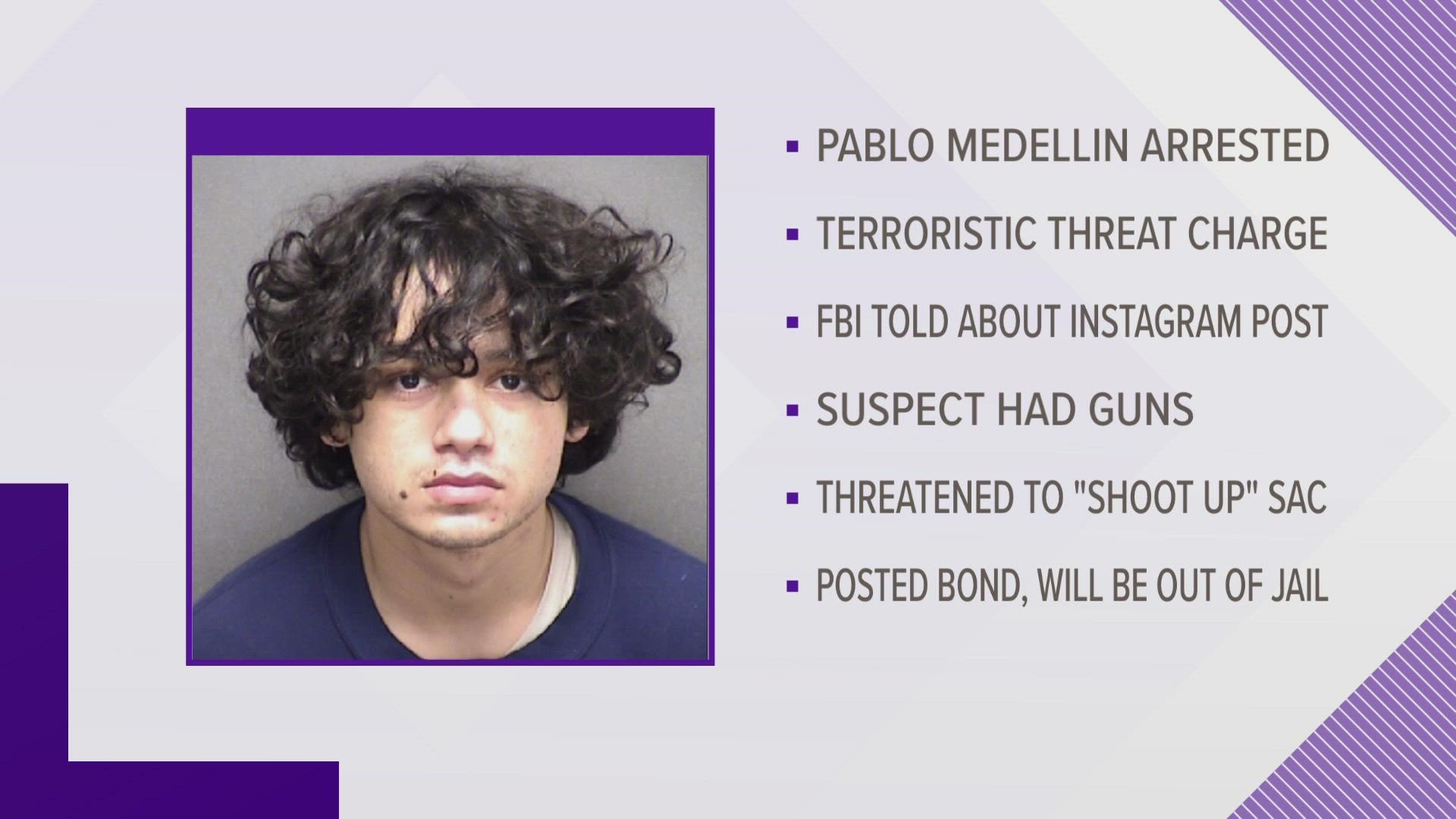 The 20-year-old suspect allegedly posed with handguns in online posts where he was threatening to shoot up the campus.