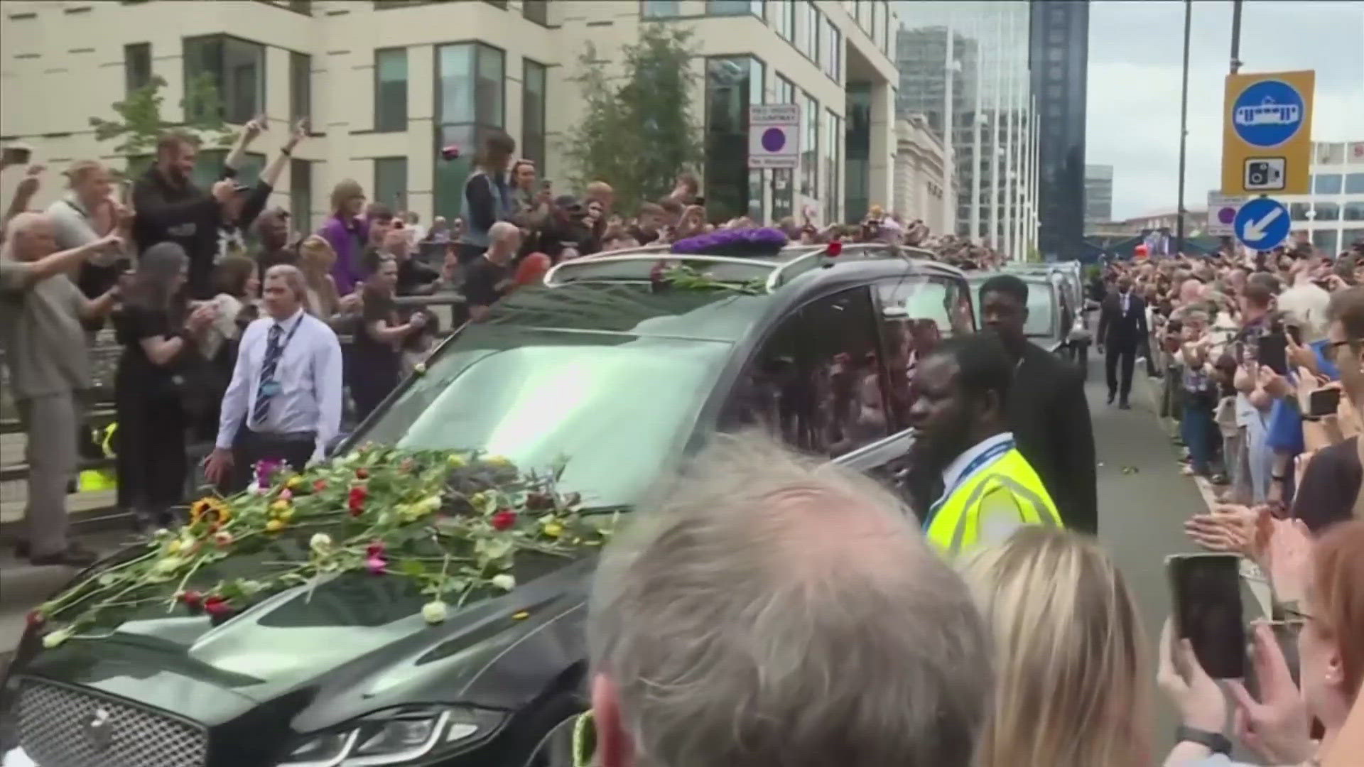 Osbourne's heartbroken wife Sharon and his children arrived to a marching band playing Black Sabbath hits.