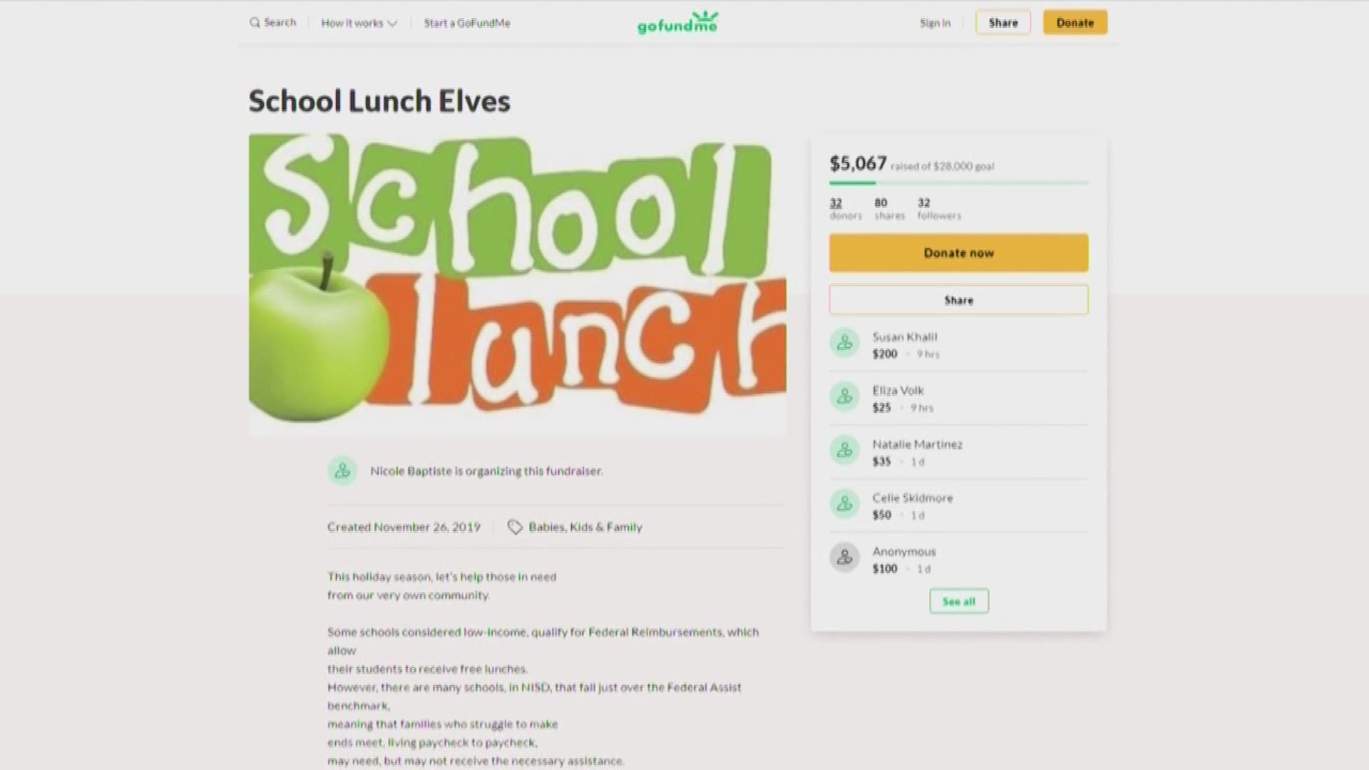 This community member started a GoFundMe page with the hope of raising $28,000 to clear the negative lunch balances of NISD students.