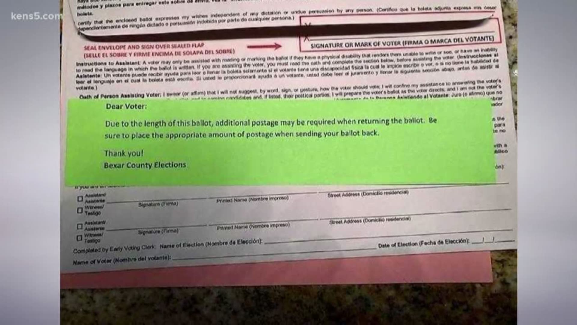 Tylden Shaeffer-- who's running for Bexar County District Attorney-- wants voters to pay close attention to a green piece of paper that came along with your ballot. It says "additional postage may be required."