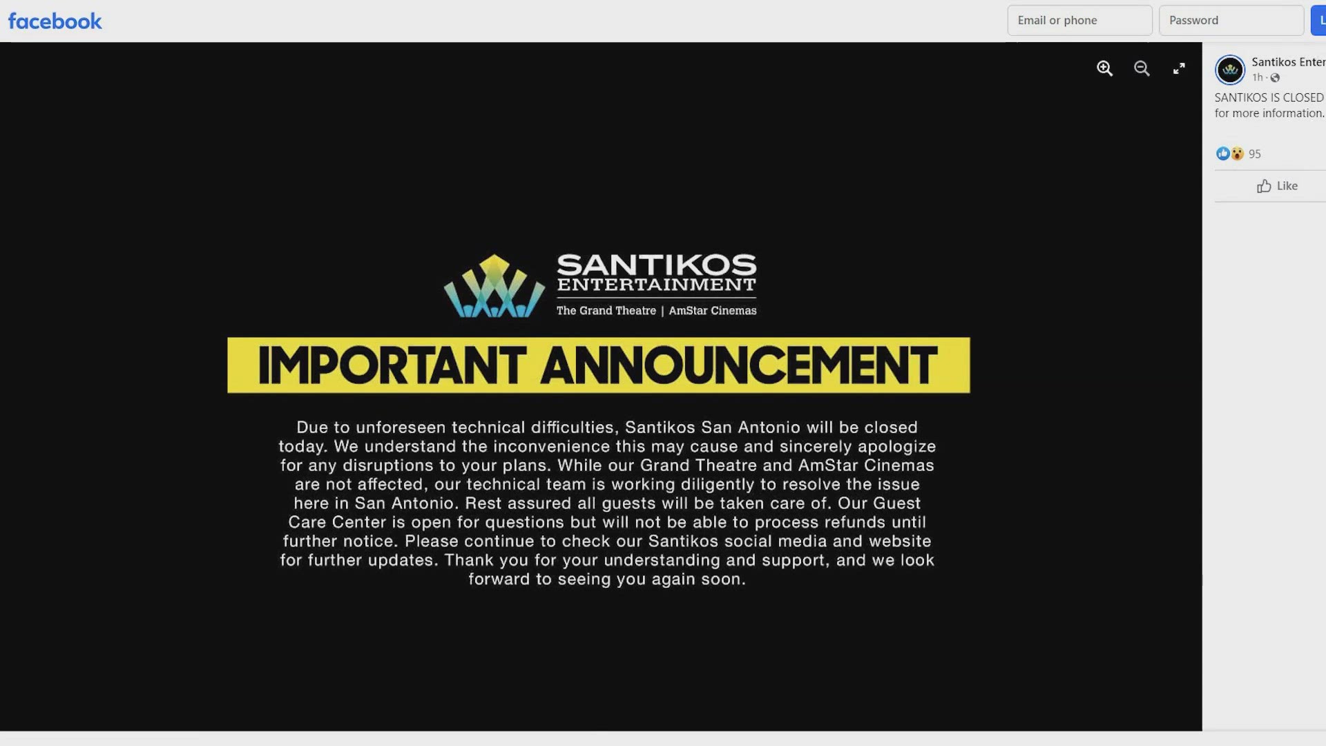 A Facebook post from Santikos San Antonio says "Due to unforeseen technical difficulties, Santikos San Antonio will be closed today."