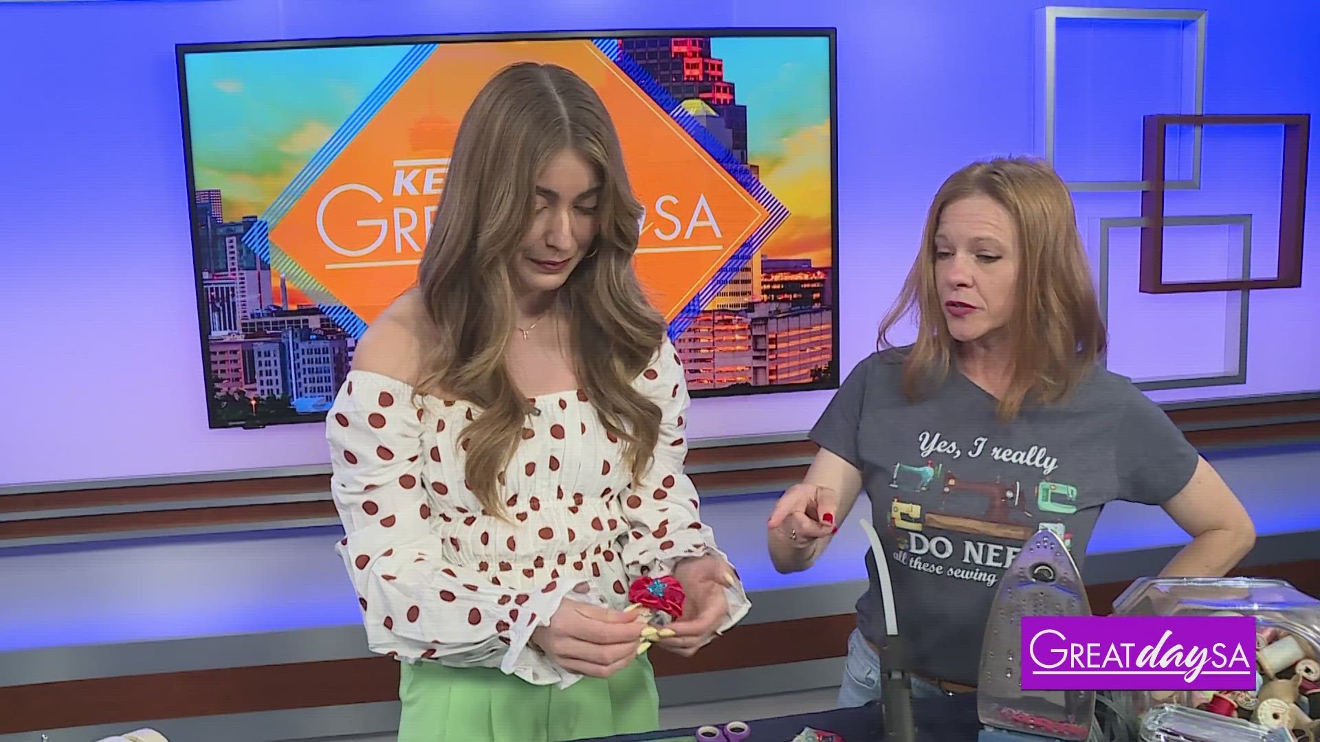 Jennifer Nicolella with Abby's Attic Sewing Studio shows Roma how to sew a fun Easter craft.