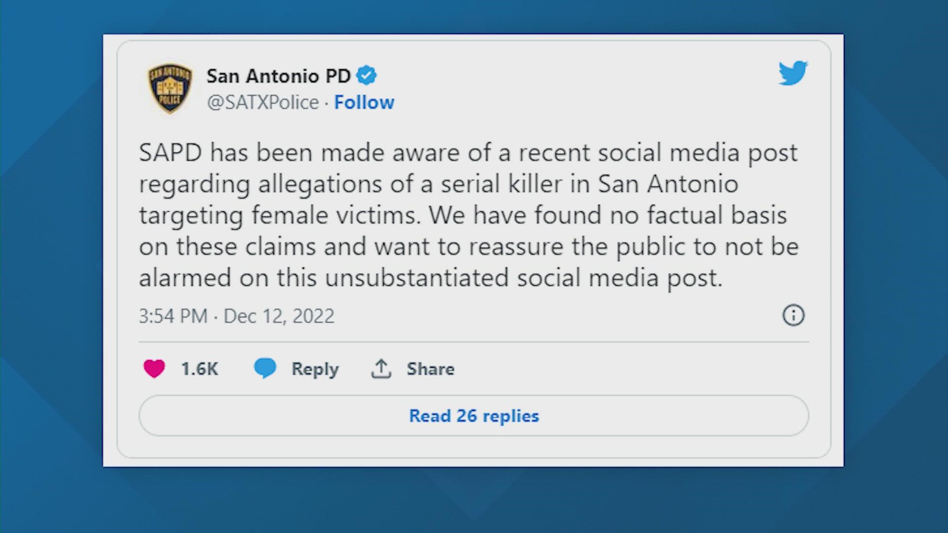 Posts being shared on Facebook and Twitter say a killer is targeting young women and has killed nine. Police say they've found "no factual basis" for those claims.