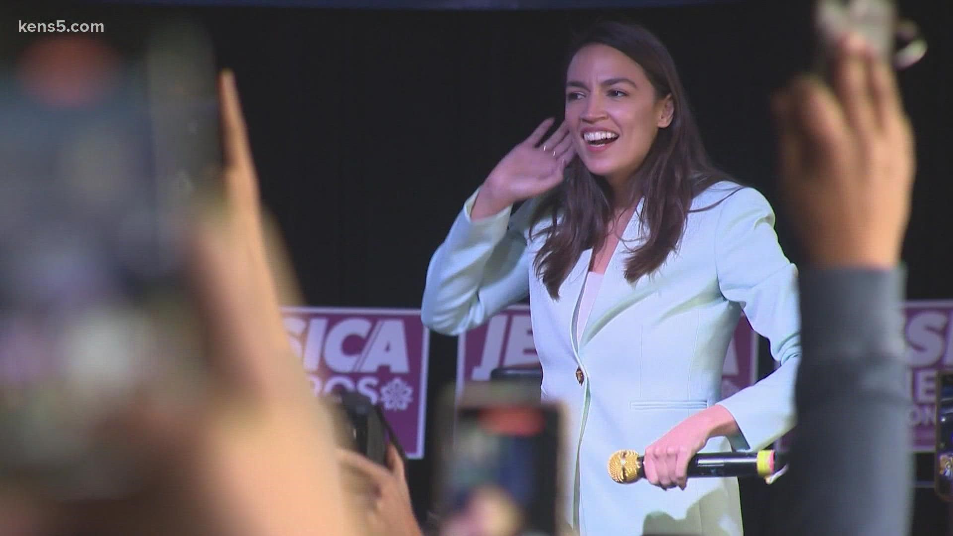 The well-known New York congresswoman supported U.S. House candidates Greg Casar and Jessica Cisneros at a San Antonio rally ahead of their primary races.