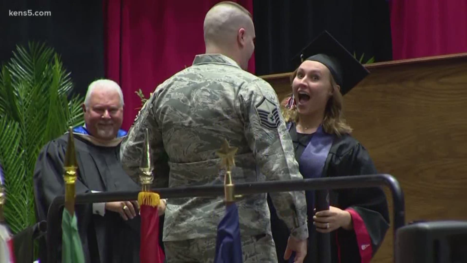 On Saturday, not only did one UIW student receive her degree in what became a very special ceremony, but her husband was waiting for her after returning from a 13-month deployment as part of the U.S. Air Force.