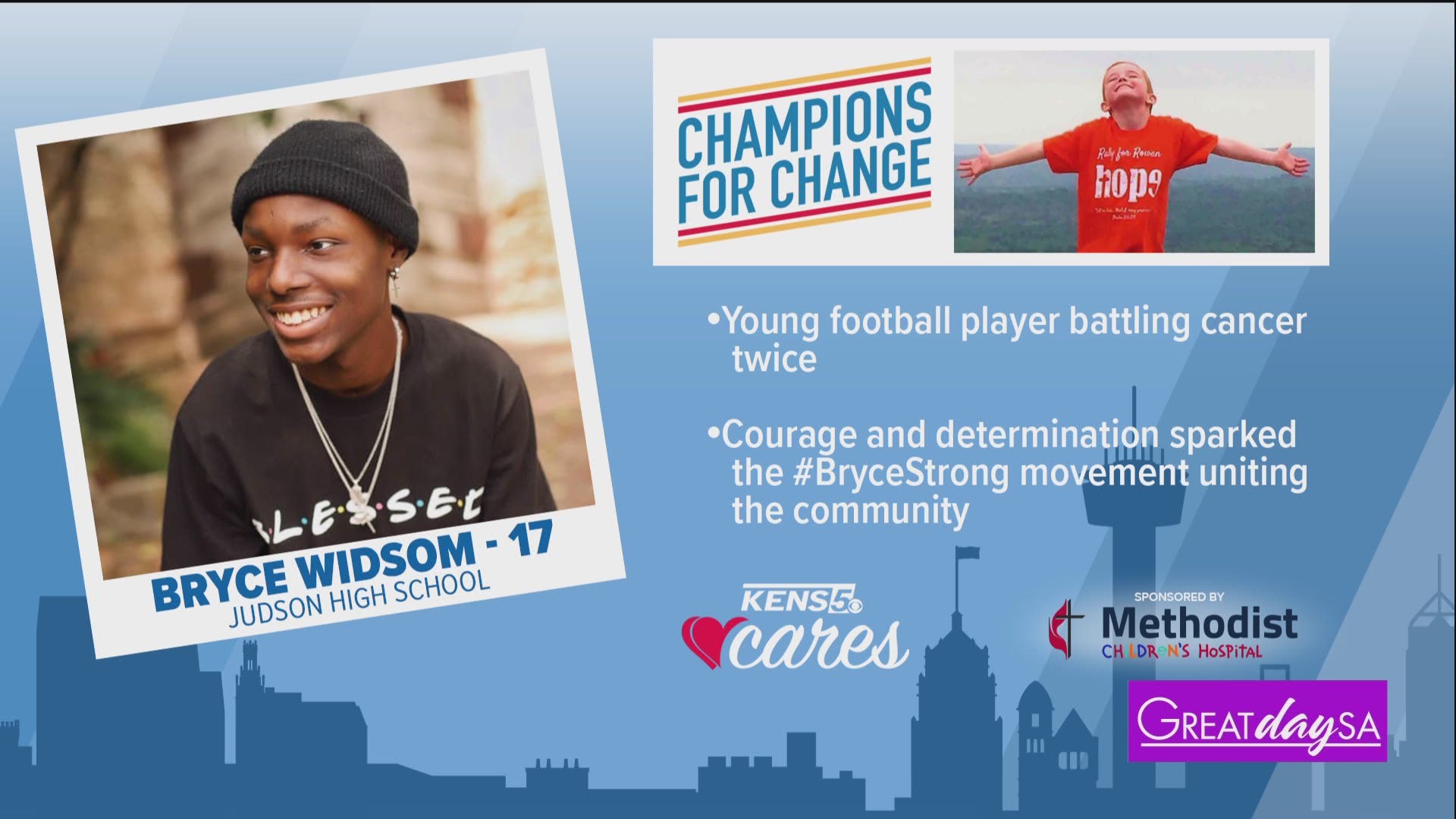Our latest Champion for Change shines bright in our community. Bryce Widsom is a football player at Judson High School who has battled cancer twice.