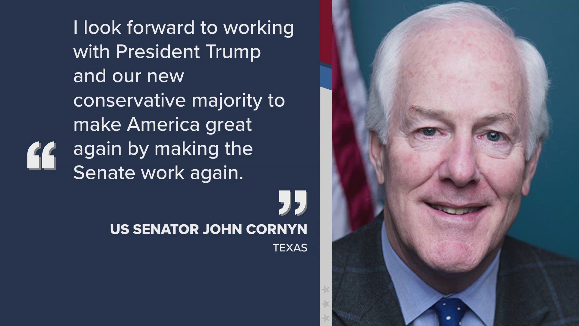 "I look forward to working with President Trump and our new conservative majority to make America great again by making the Senate work again."