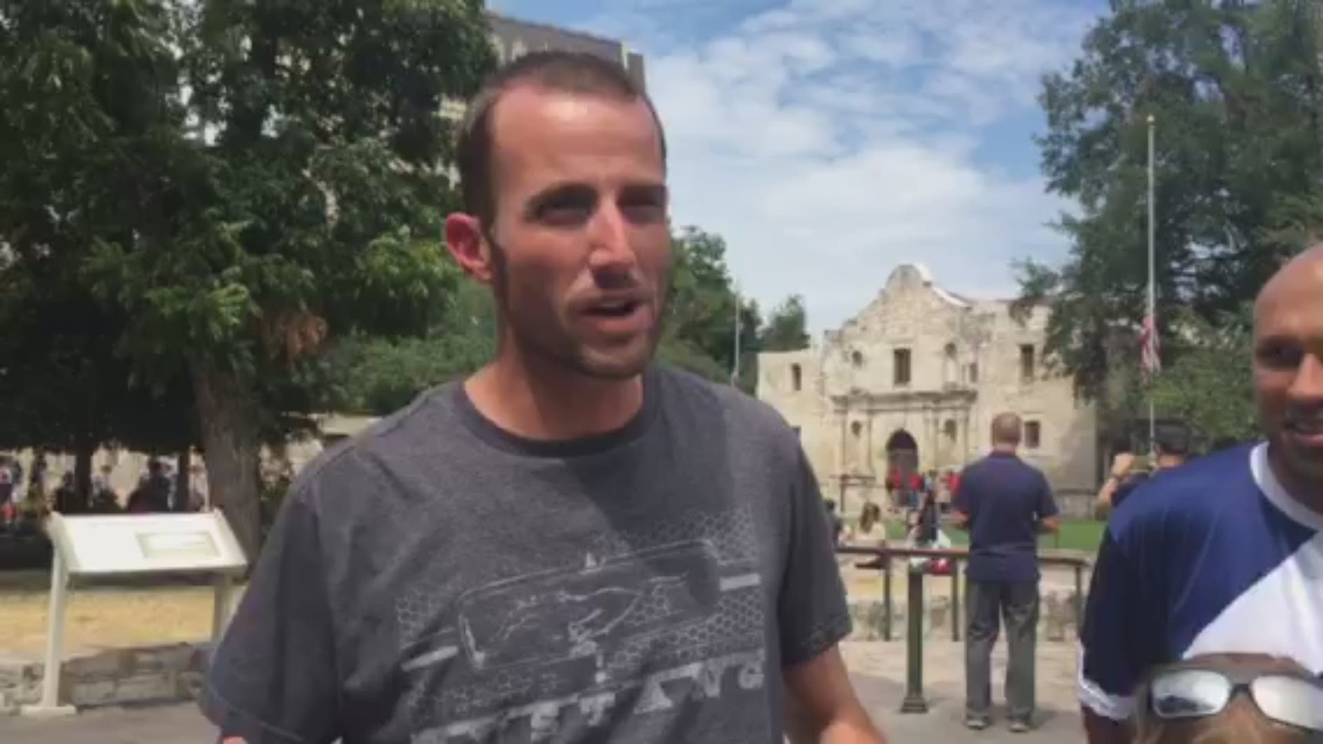 In response to the mass shootings in Dayton and El Paso, Dillon Emery, family and friends offered free hugs in front of the Alamo on Sunday.