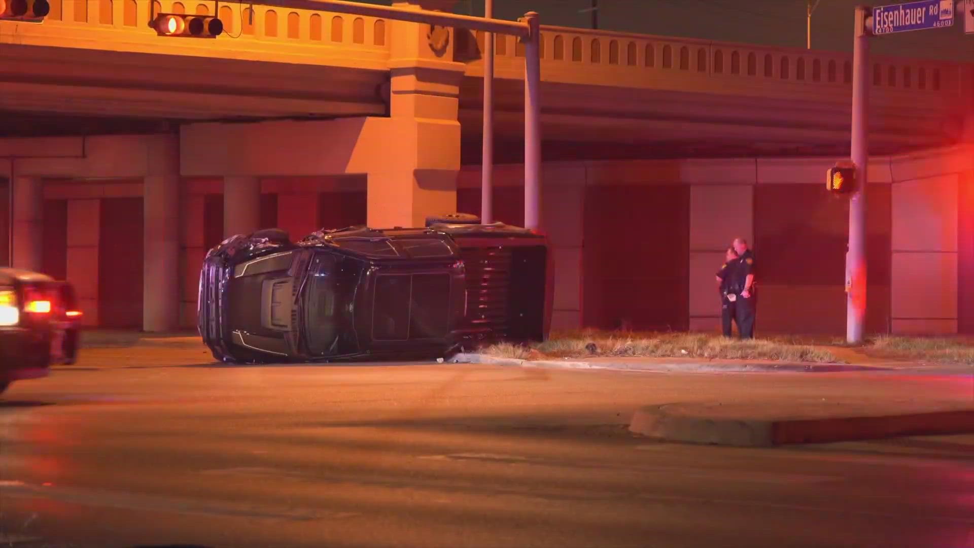 Police suspect the man was speeding when he hit a concrete pillar and rolled his truck over.