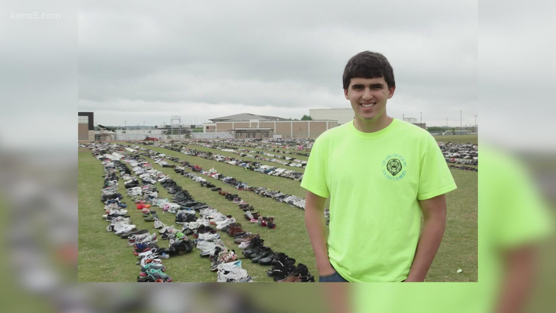 The 18-year-old is leading an effort to collect more than 60,000 shoes.