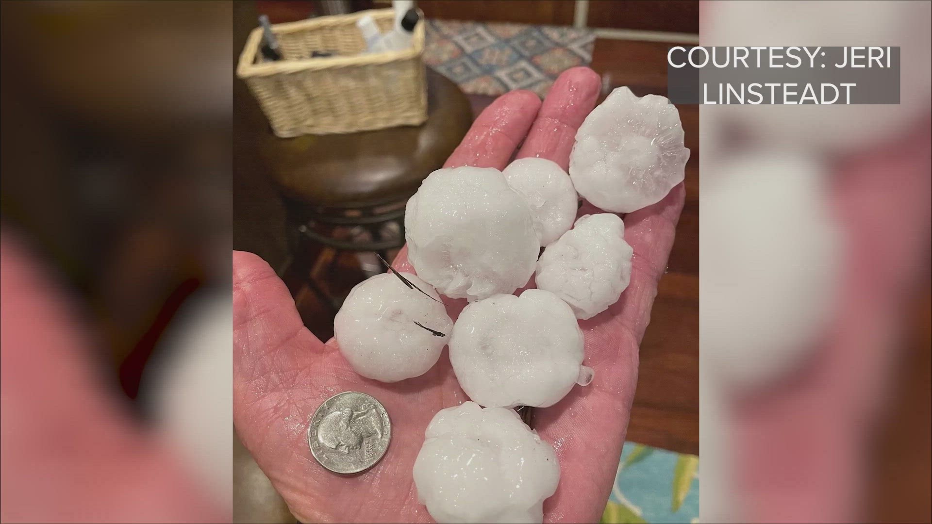 A line of severe thunderstorms moved through the San Antonio area Friday night, bringing large hail and strong winds on the last Friday of Fiesta.