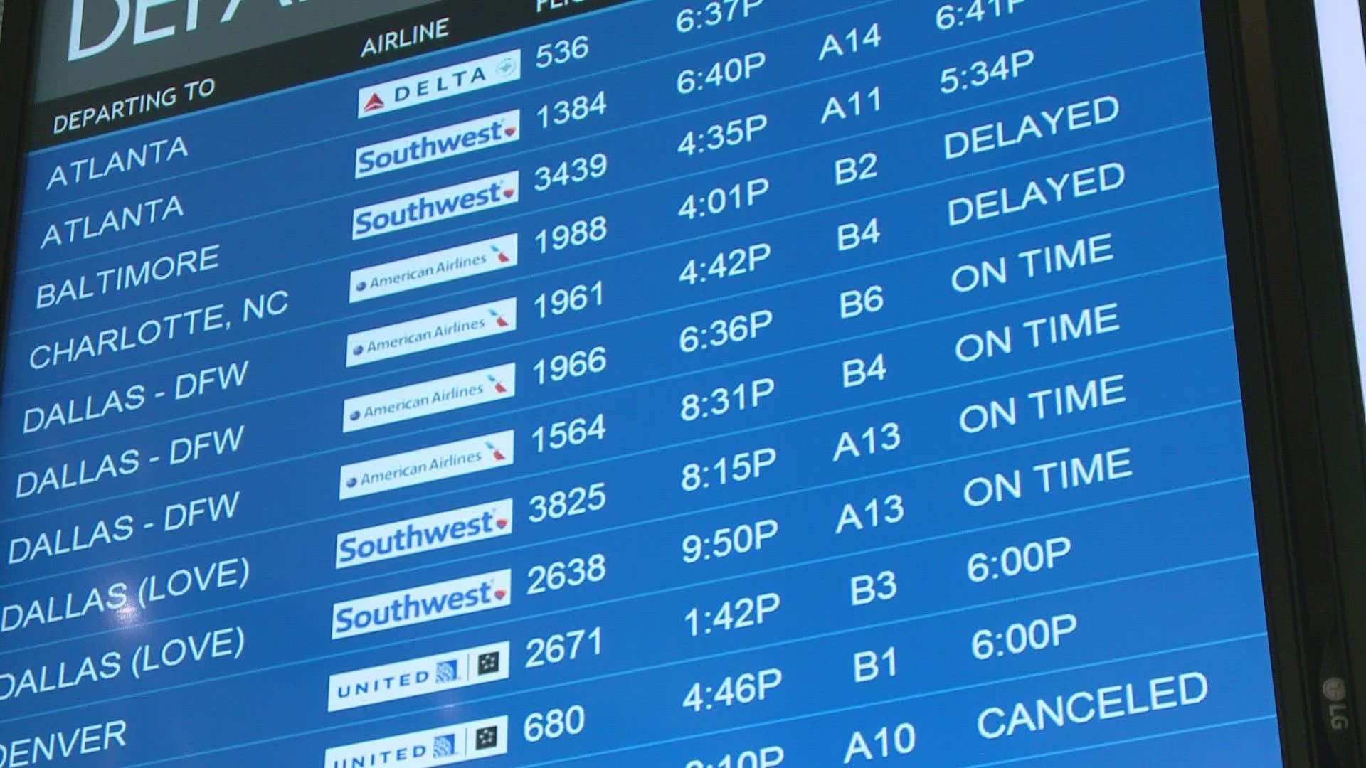 Flyers are encouraged to arrive at the airport at least two hours before boarding time and routinely monitor flight status through their airline's app.