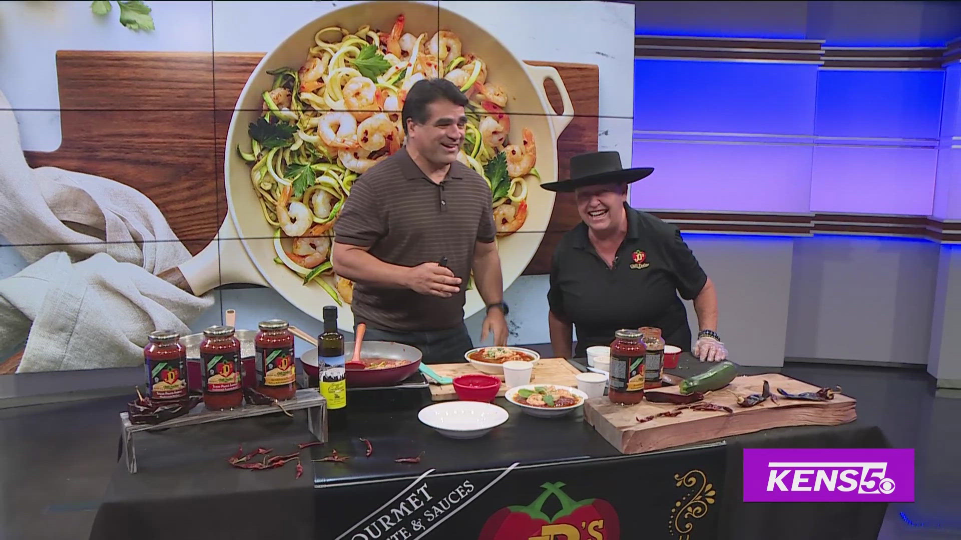 Paul helps make some shrimp zoodles with Chef Diana Anderson of JD's Chili Parlor.