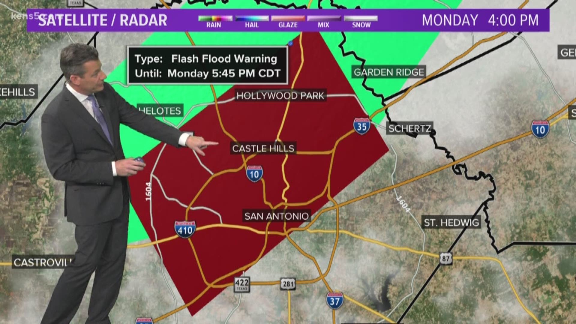 A Flash Flood Warning is in effect for San Antonio until 5:45 p.m. More than 29,000 people lost power, according to CPS Energy.