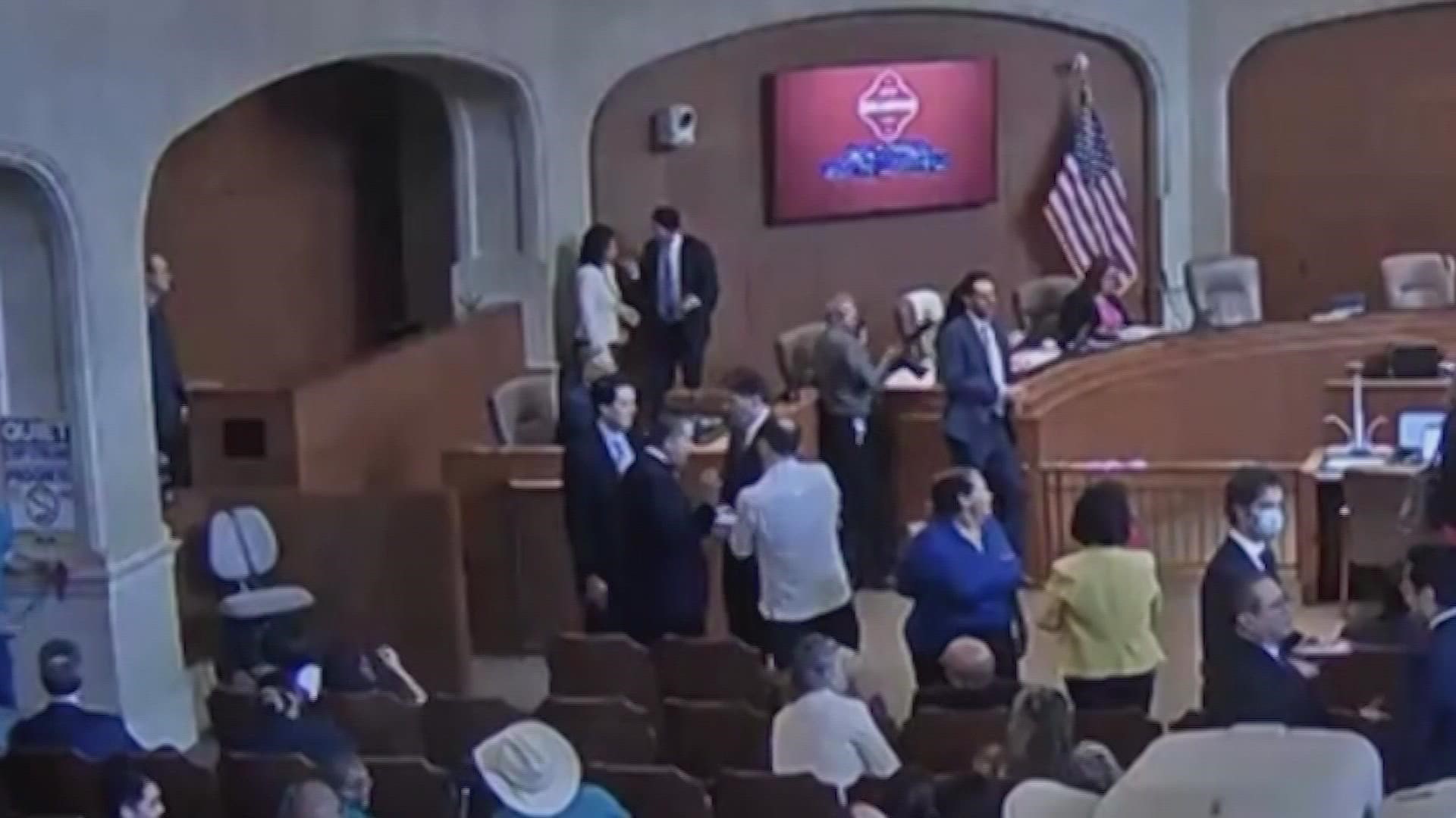 The video shows Mario Bravo and Councilwoman Ana Sandoval inside the city council chambers.