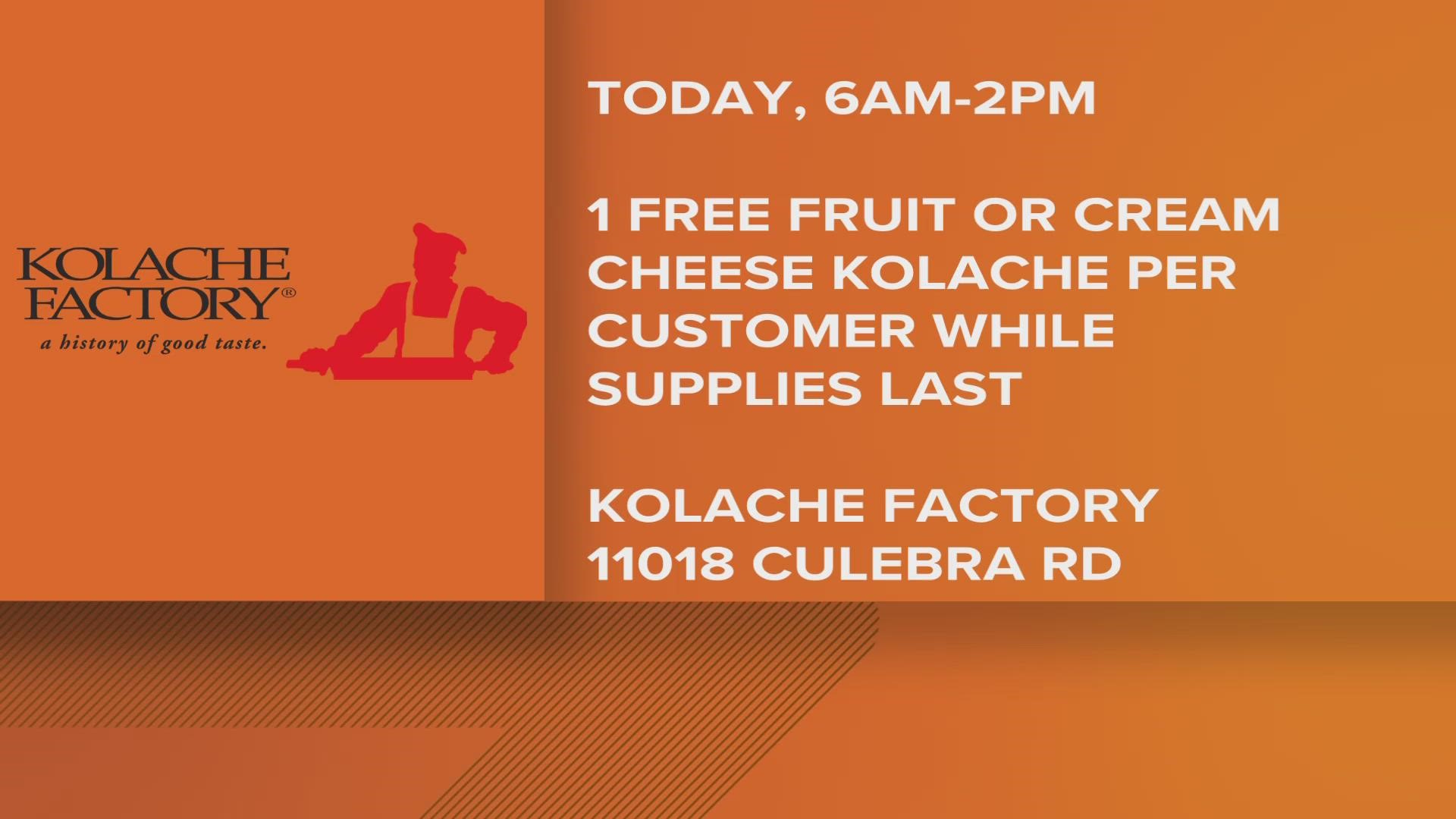 The Kolache Factory located on Culebra Road is giving away free kolaches to celebrate.