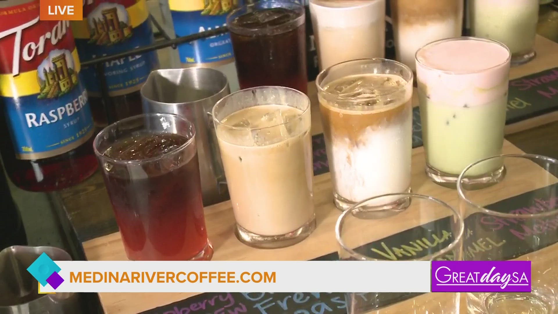 Clarke helps make a coffee flight at Medina River Coffee Roasters.