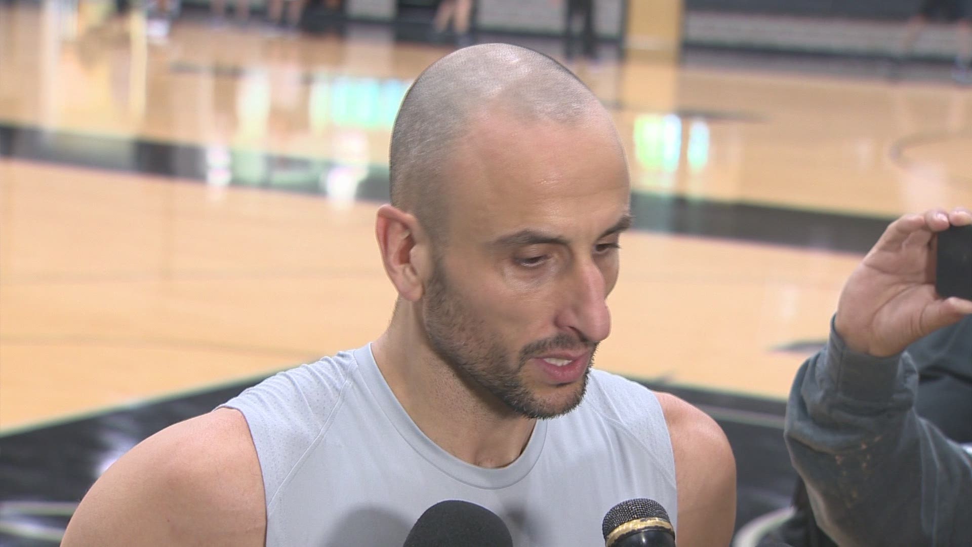 Spurs guard Manu Ginobili speaks to the media after the Spurs shootaround on Thursday, April 19.