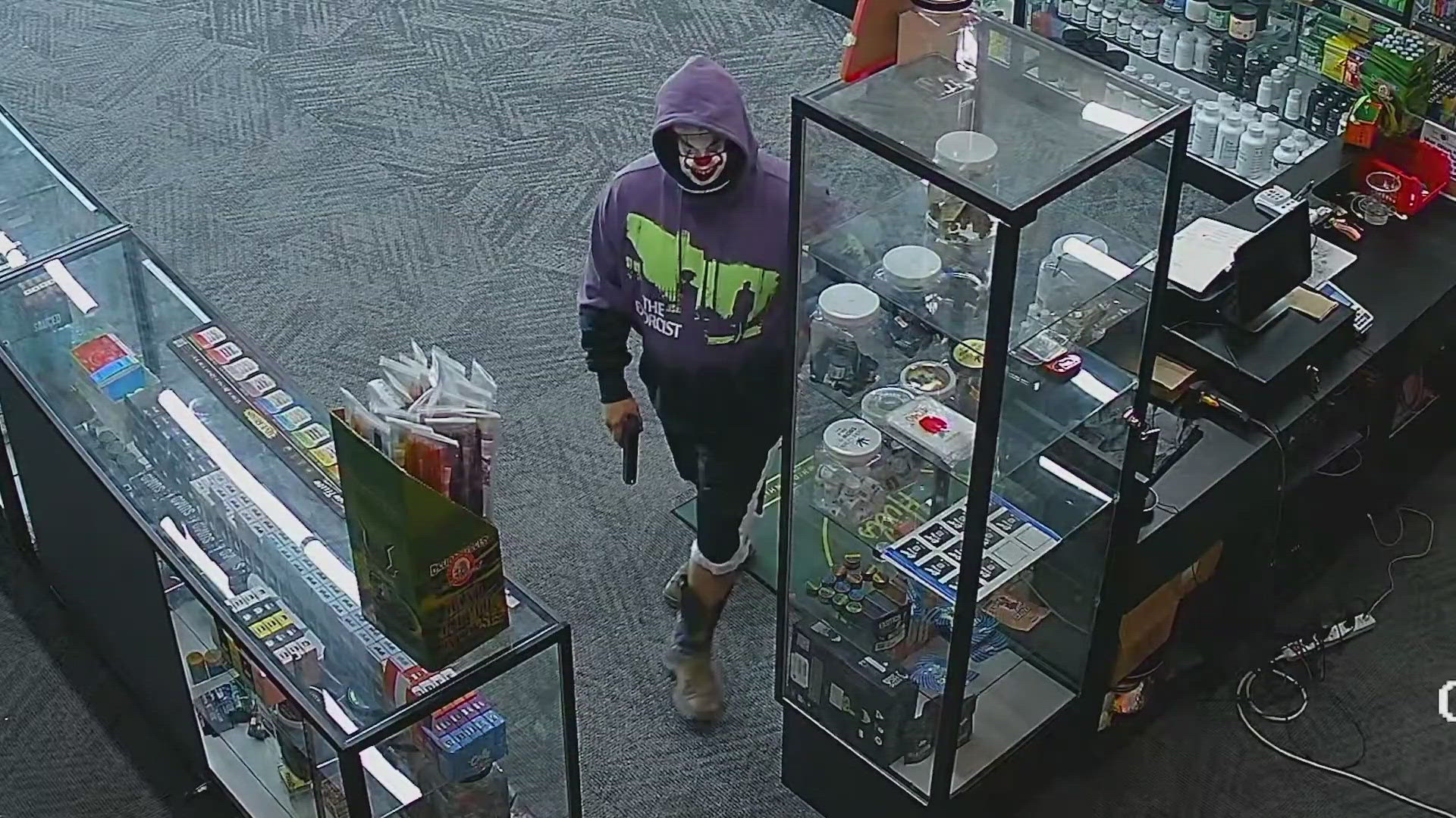 Police say the man wearing a clown mask hit up two northwest side vape shops and robbed its employees at gunpoint.