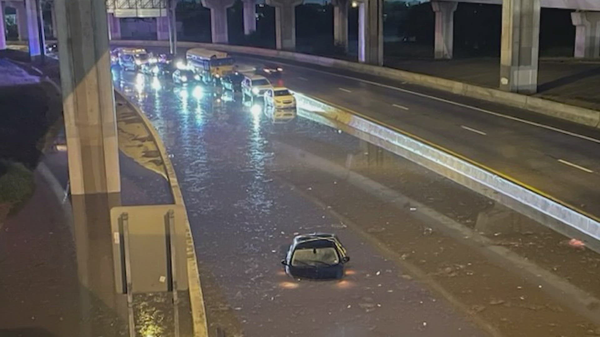 Cars were stuck in the high water at I-35 and San Pedro, and other areas also were seeing slow traffic Friday morning due to residual water on roadways.