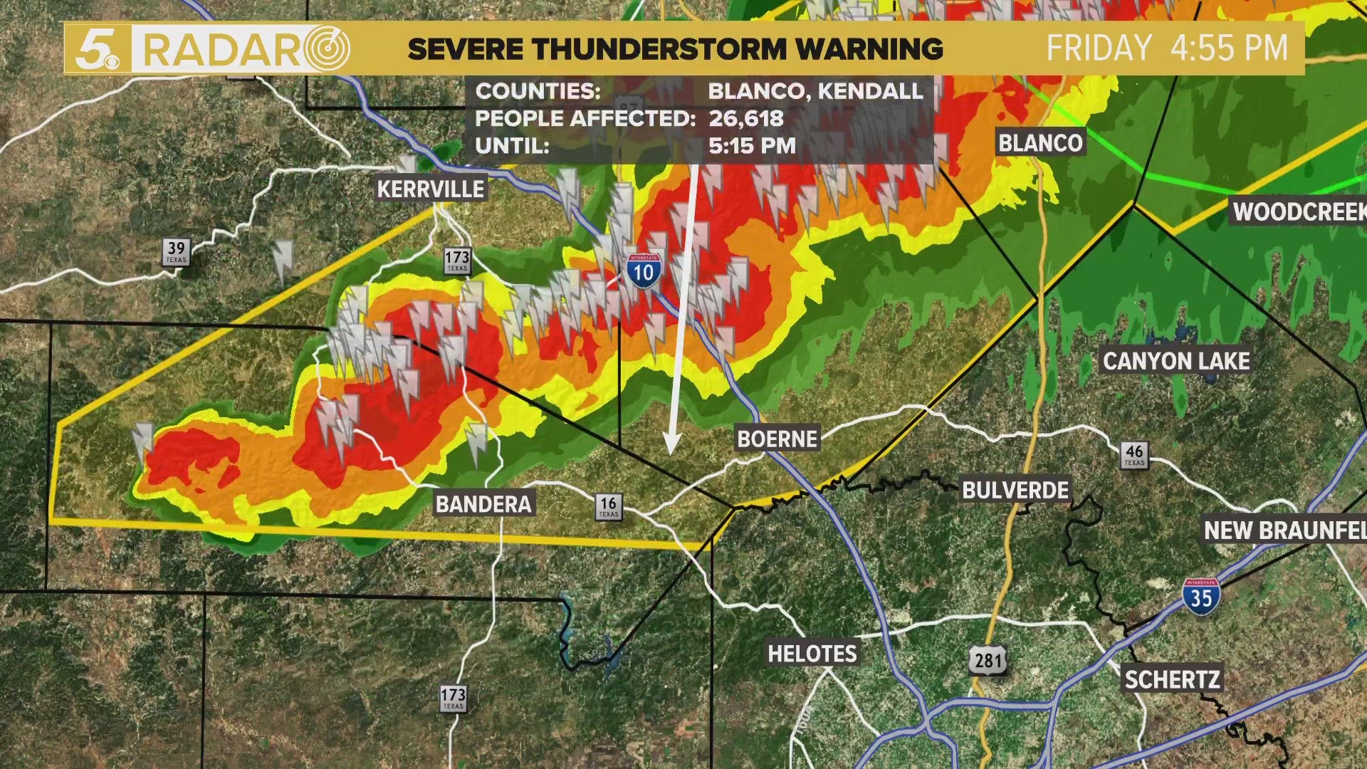 Around 5 p.m. on Friday, storms were moving east from Kerrville toward Boerne.