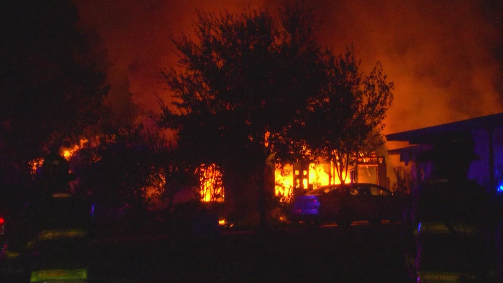 The home was completely engulfed in flames when firefighters arrived to the 1400 block of Viewridge Drive, near Jackson Keller Road early Monday morning.