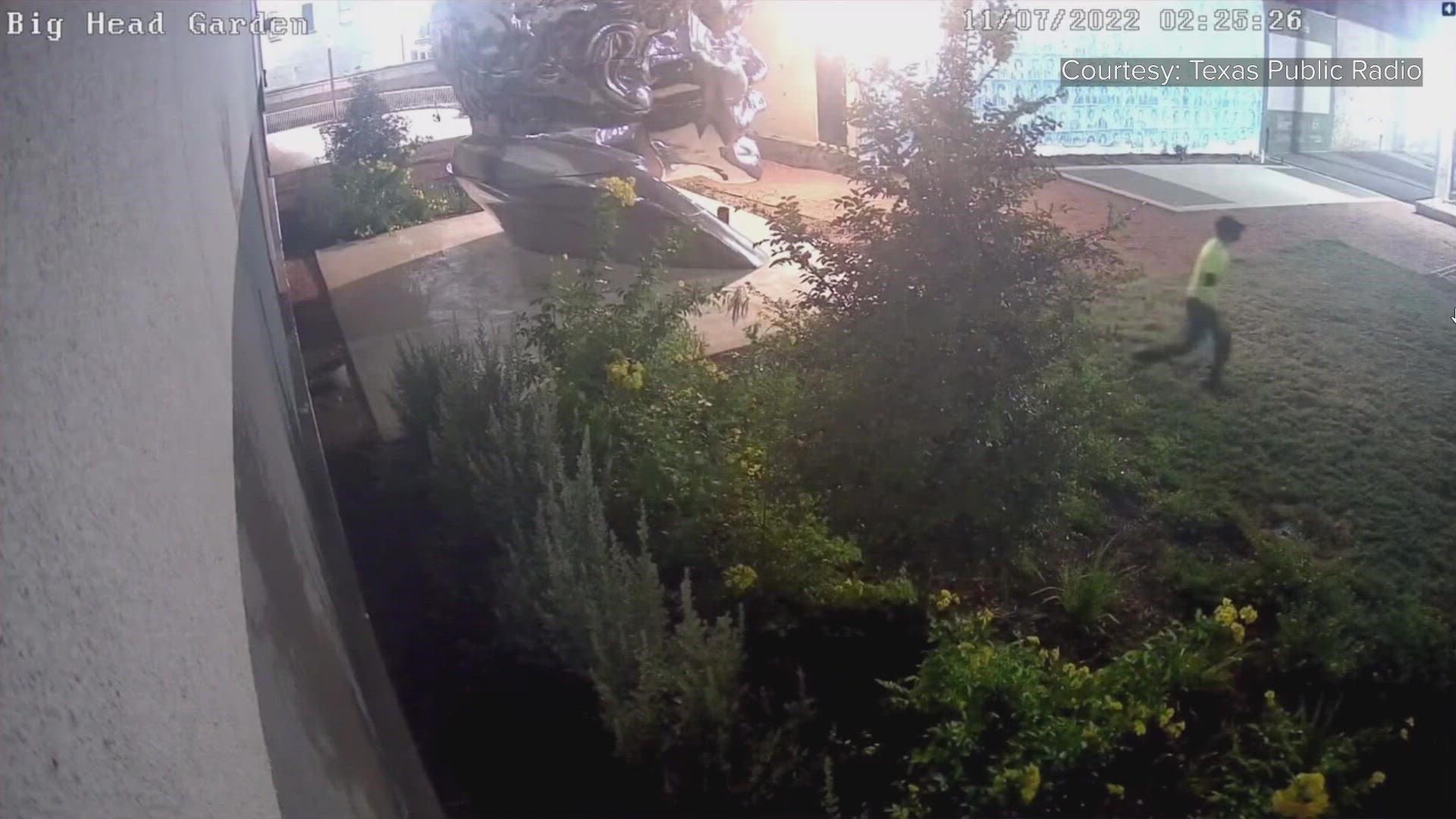 Video shared by TPR shows someone placing a device underneath a statue of Vladimir Lenin's head, which is not on TPR's property, before an explosion.
