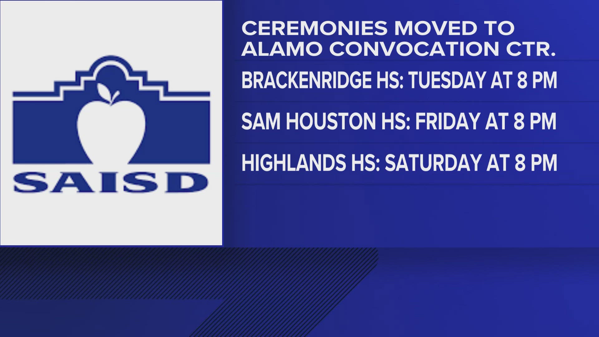 The district is moving ceremonies for Brackenridge, Sam Houston and Highlands High Schools.