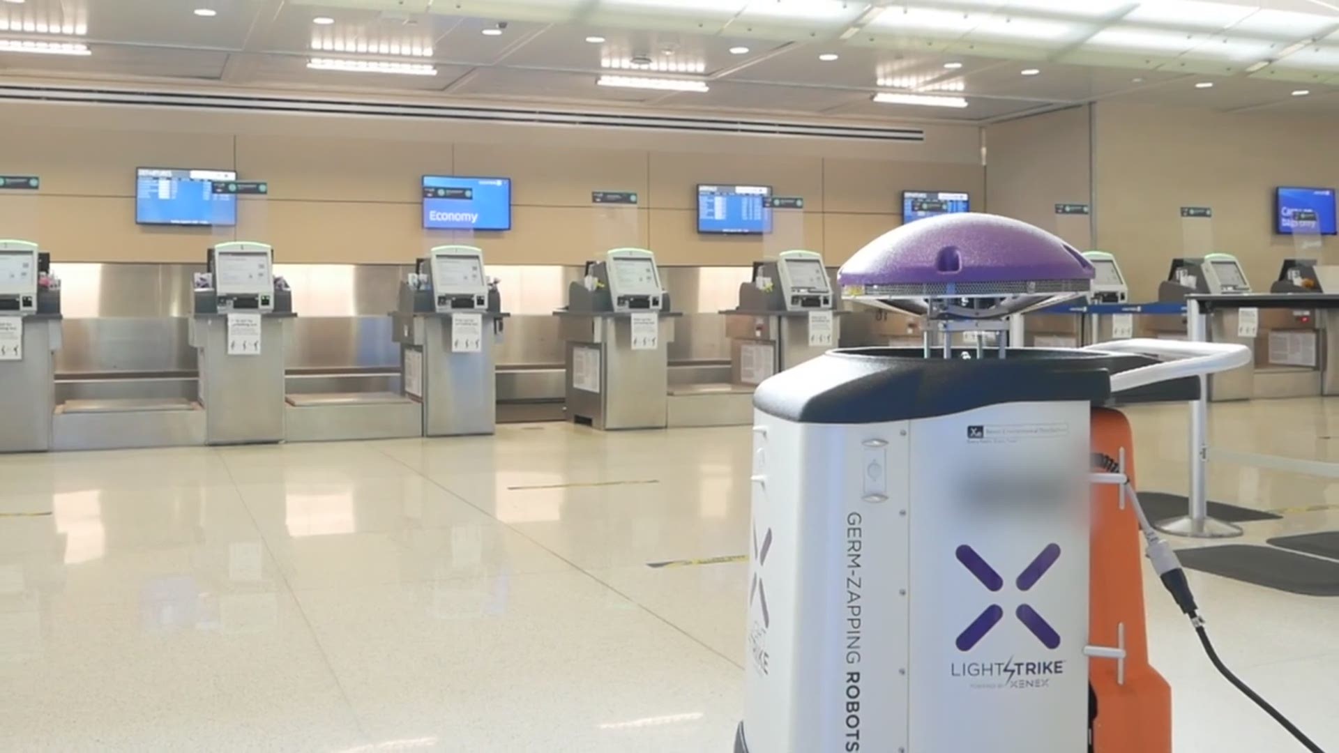 The Xenex FirstStrike robot can zap the virus that causes COVID-19. San Antonio International Airport is the first in the country to buy and deploy the robot.