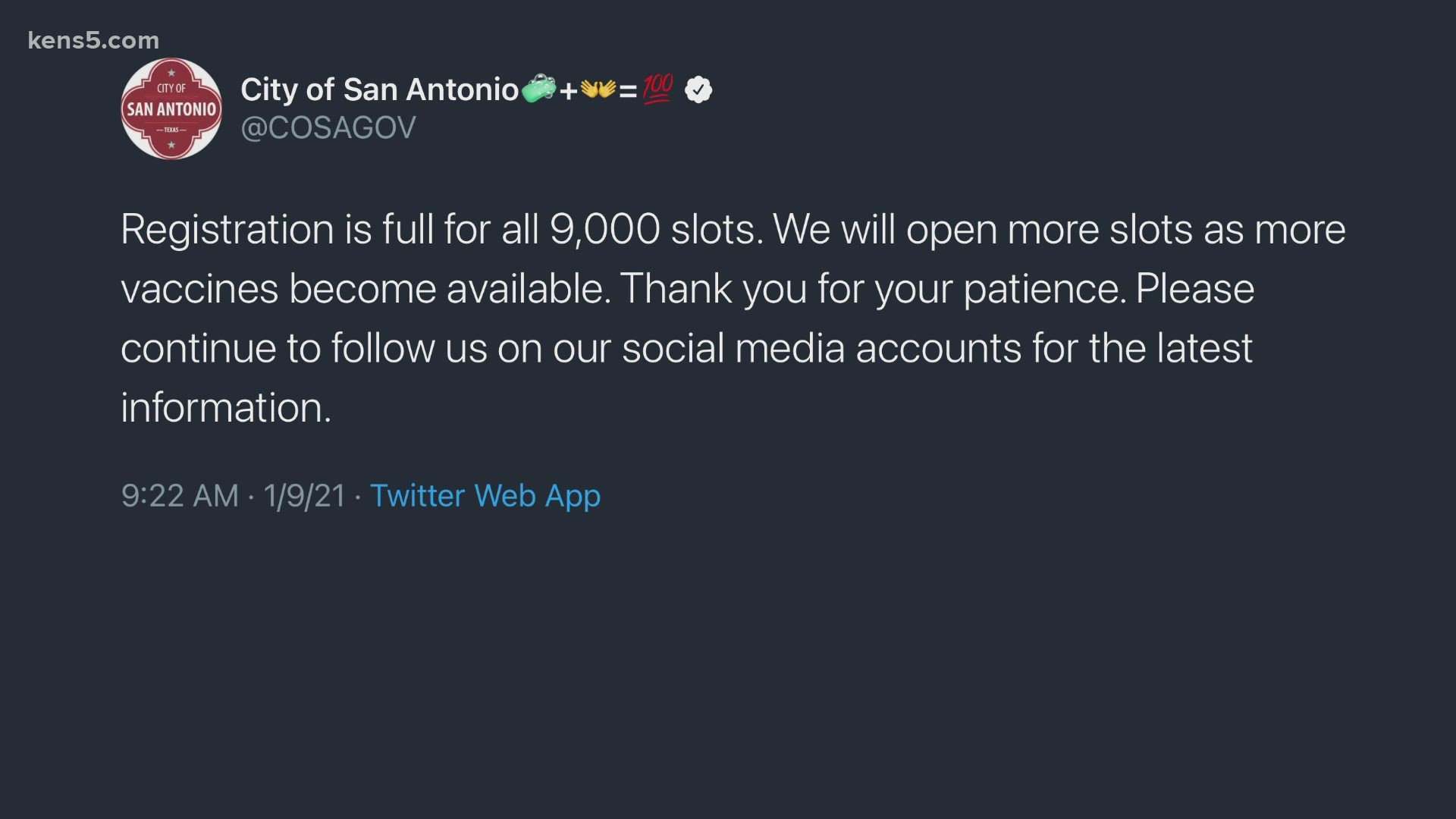 Less than 30 minutes after registration opened up, the City of San Antonio tweeted out that all 9,000 slots were claimed.