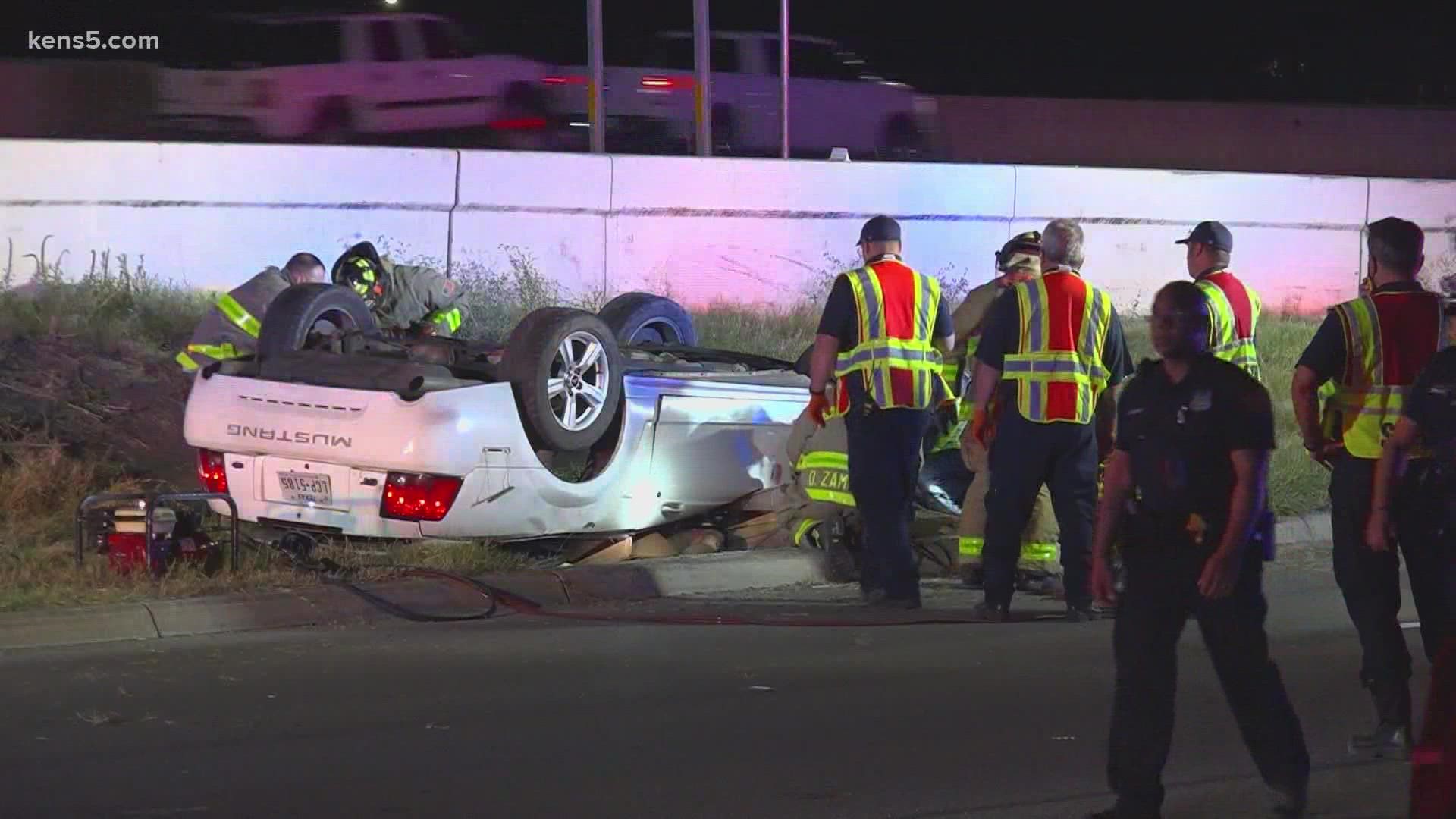 According to an SAPD sergeant, a woman was driving down too fast down the service road when she lost control of her Mustang and flipped over.