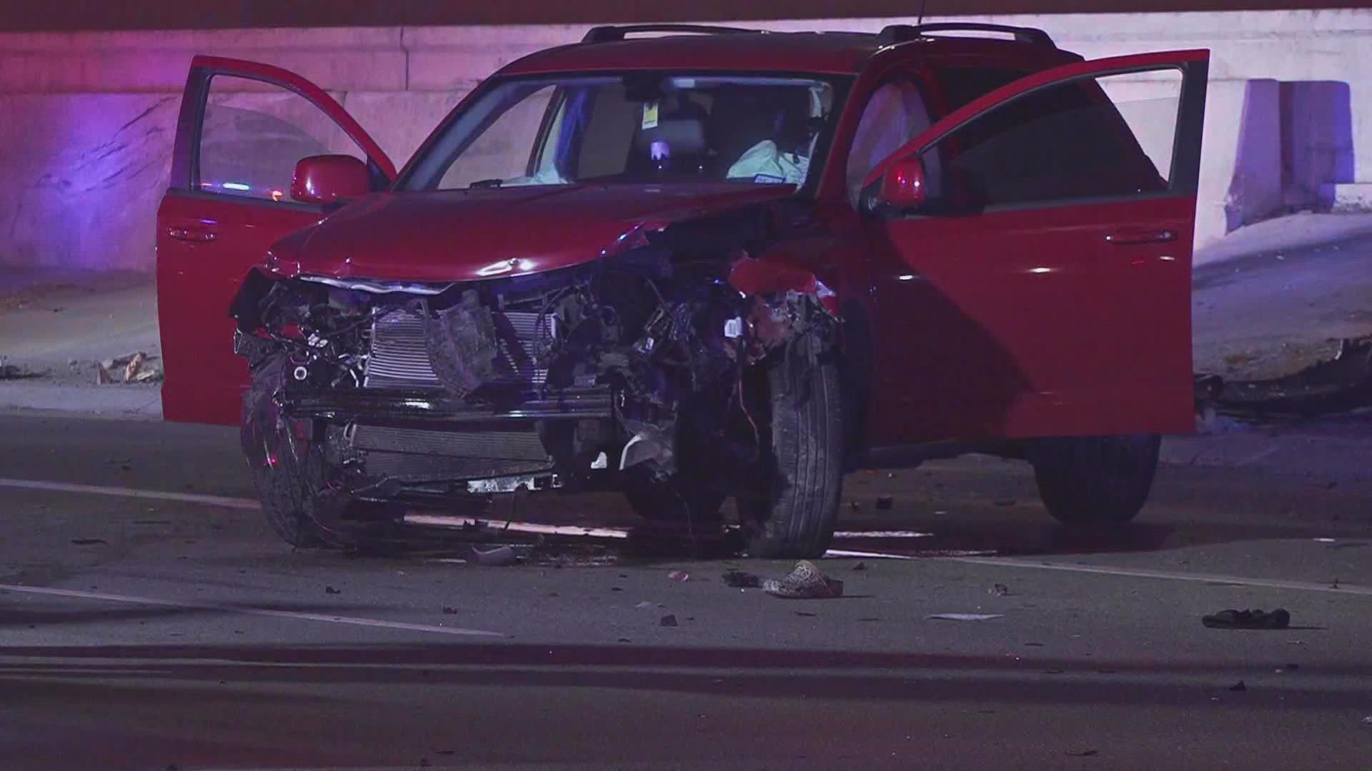 The woman was trying to avoid a bicyclist when she lost control and hit a guardrail.