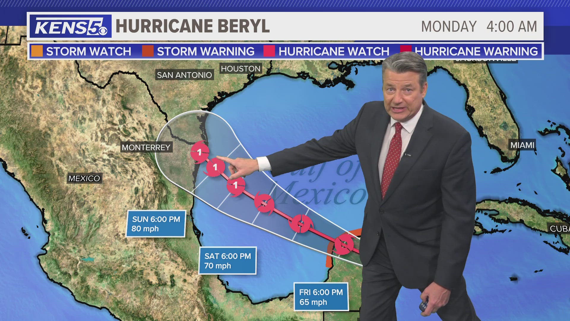 Beryl is expected to make landfall early Sunday afternoon south of South Padre Island, TX.
