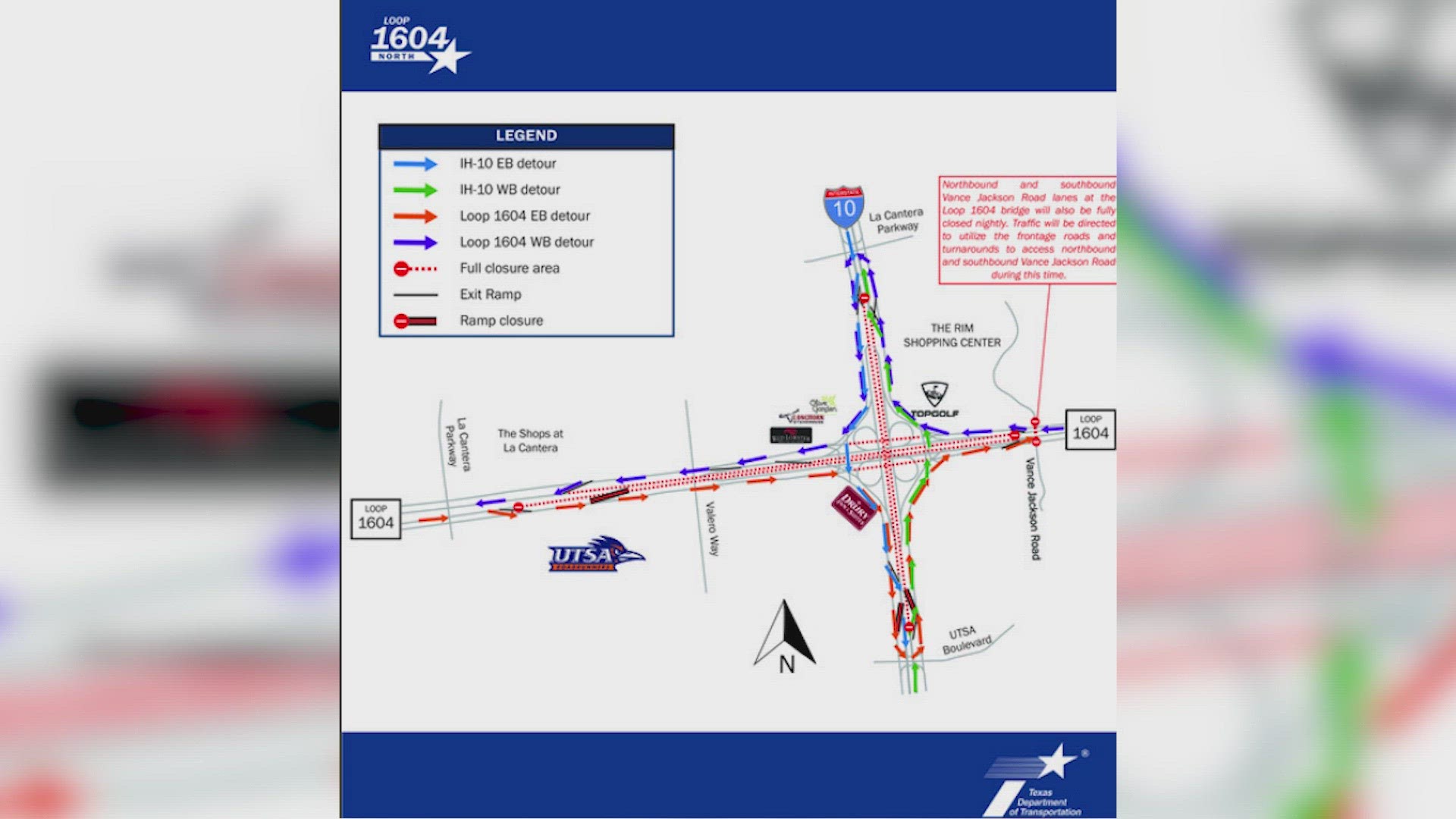 The highway closure starts at Vance Jackson until La Cantera Parkway.