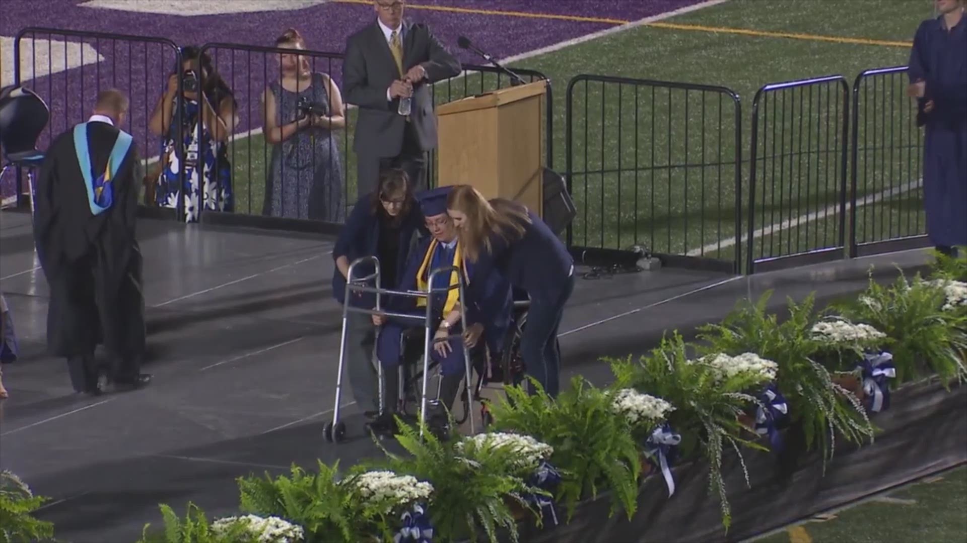 A rare illness left Mason Smith paralyzed from the waist down in 2017. His mother said he worked hard to recover and walk at his graduation ceremony. (VIDEO: Courtesy of Boerne ISD)
